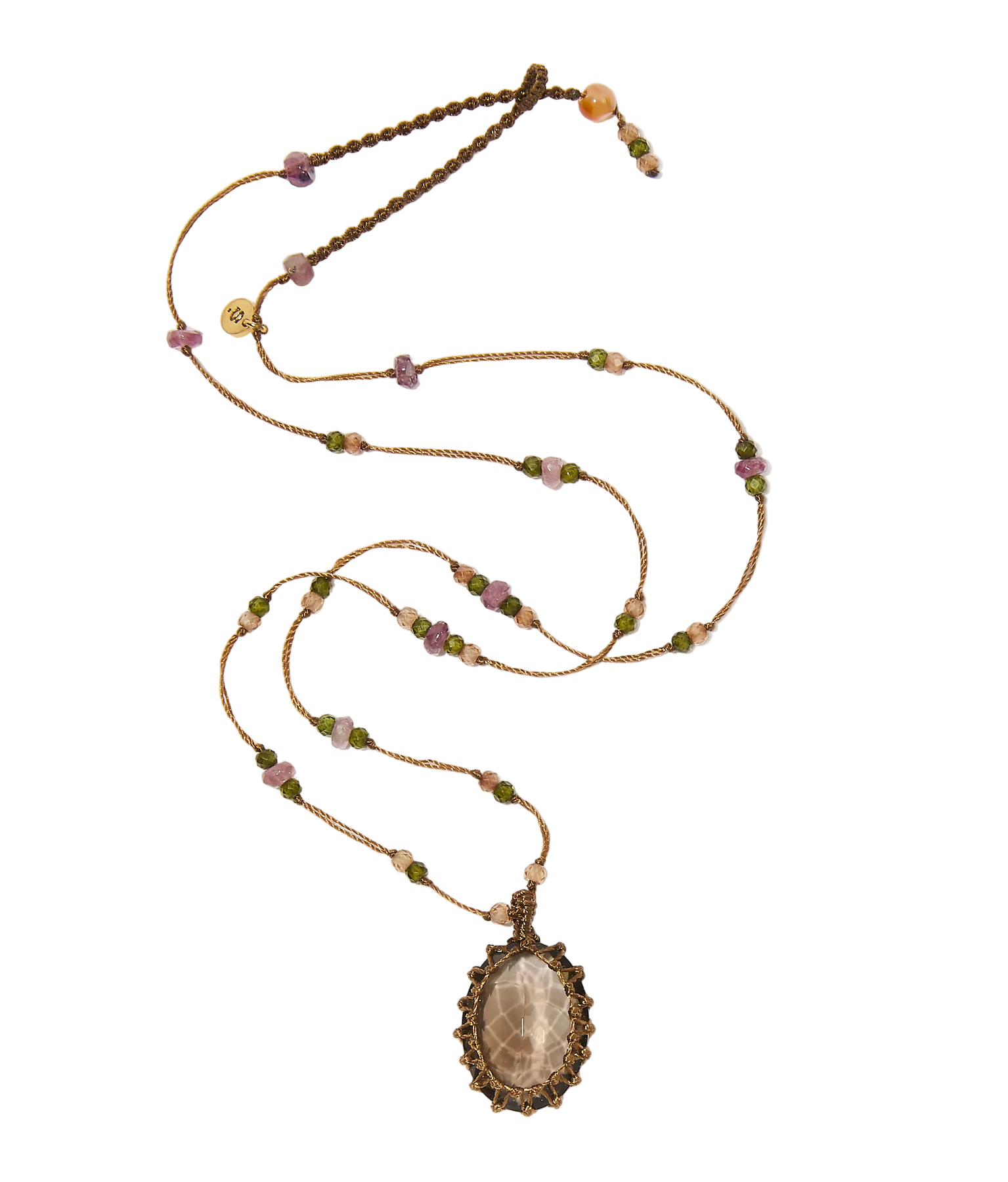 Collier court tibétain - Quartz Fumé - Mix Tourmaline Rose - Fil Tabac