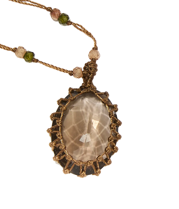 Collier court tibétain - Quartz Fumé - Mix Tourmaline Rose - Fil Tabac