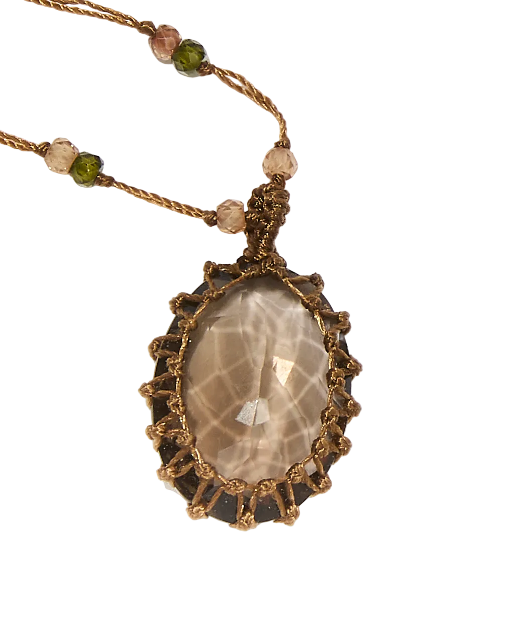 Collier court tibétain - Quartz Fumé - Mix Tourmaline Rose - Fil Tabac