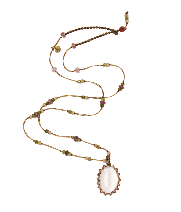 Long Tibetan Necklace - Sculpted Rose Quartz - Tourmaline Mix - Beige Thread