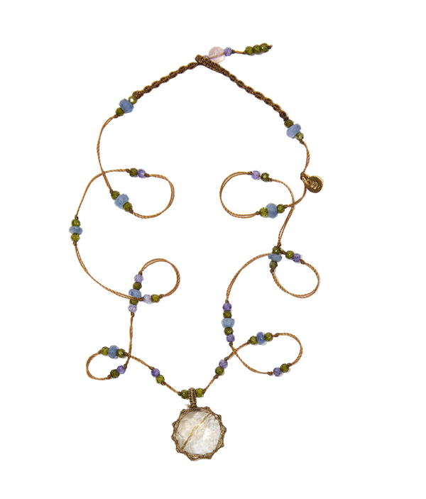 Collana Tibetana Corta - Corindone Verde - Mix Tsavorite - Filo Beige