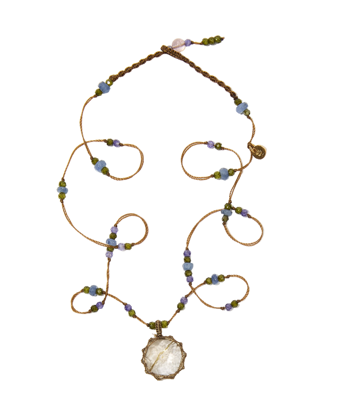 Collana Tibetana Corta - Corindone Verde - Mix Tsavorite - Filo Beige