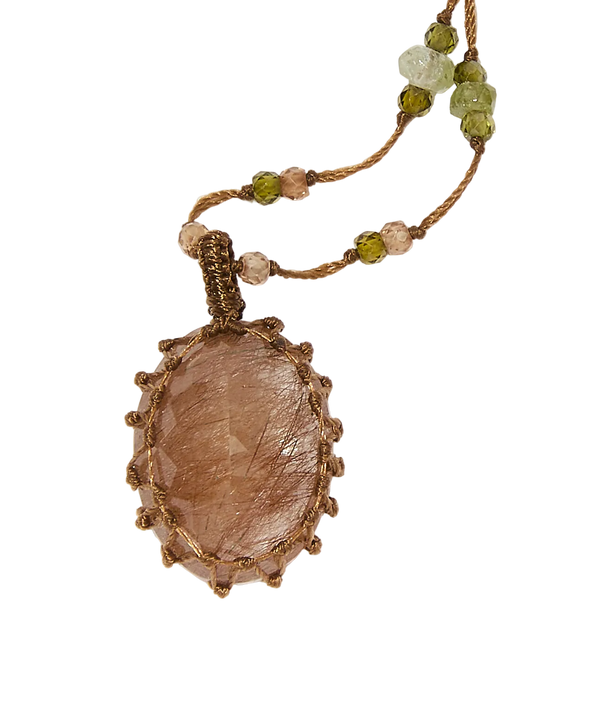 Kollier Court Tibétain - Quarz Rutile Gold - Mix Rosen-Tourmalin - Tabakfarbenes Band