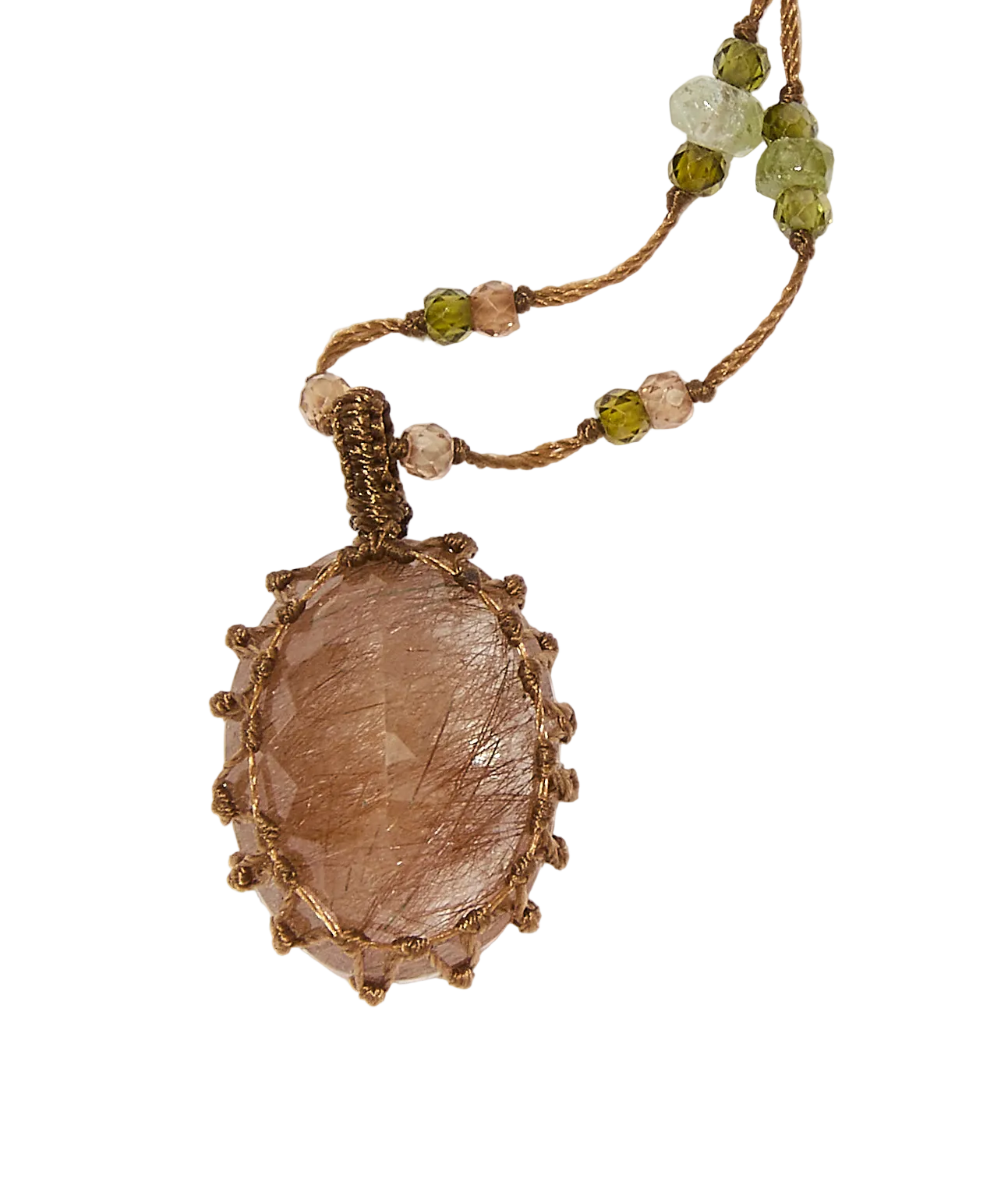 <p>Short Tibetan Necklace - Rutilated Quartz Gold - Pink Tourmaline Mix - Tobacco Thread</p>