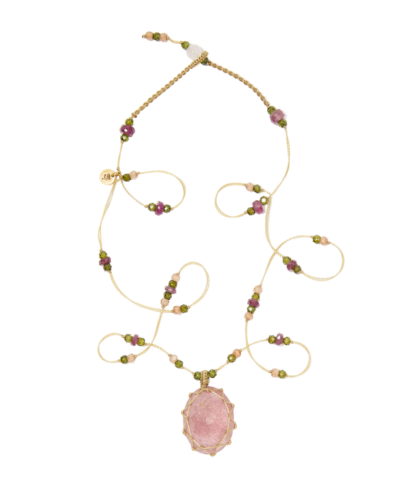 Sautoir Tibétain - Erdbeere Quarz Rose - Mix Smaragd - Beiger Faden