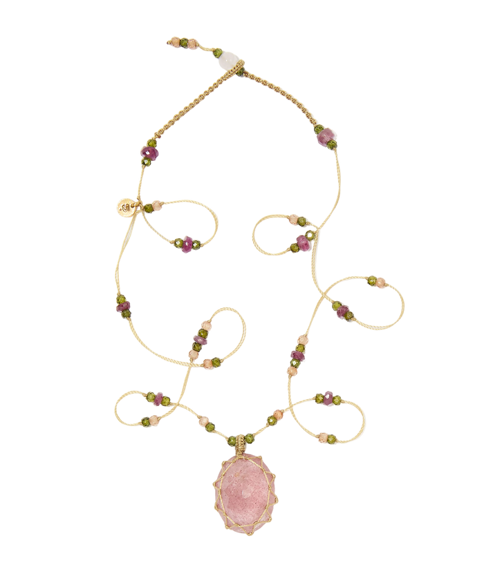 Long Tibetan Necklace - Strawberry Quartz Rose - Emerald Mix - Beige Thread