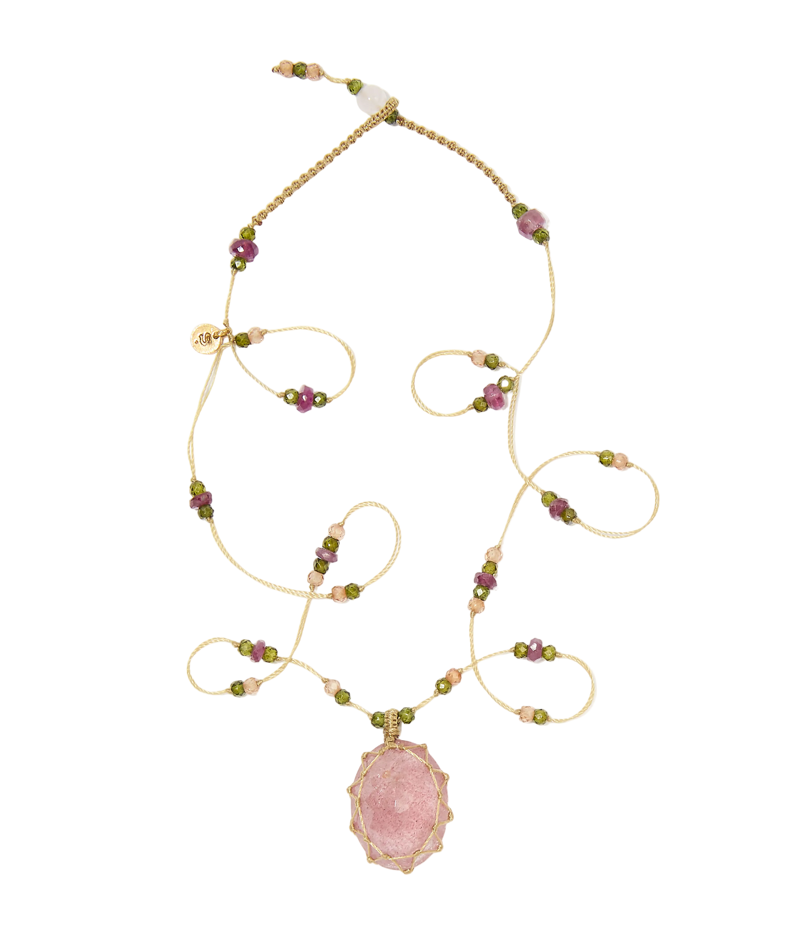 Long Tibetan Necklace - Strawberry Quartz Rose - Emerald Mix - Beige Thread