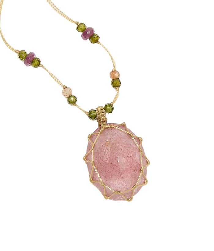 Long Tibetan Necklace - Strawberry Quartz Rose - Emerald Mix - Beige Thread