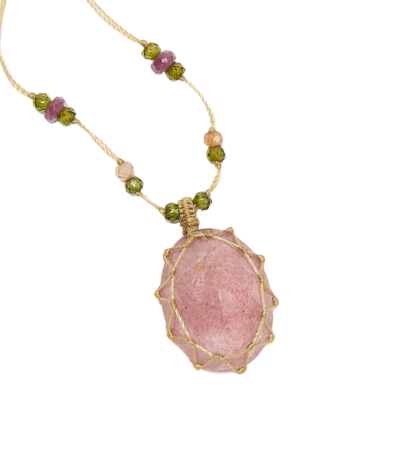 Long Tibetan Necklace - Strawberry Quartz Rose - Emerald Mix - Beige Thread