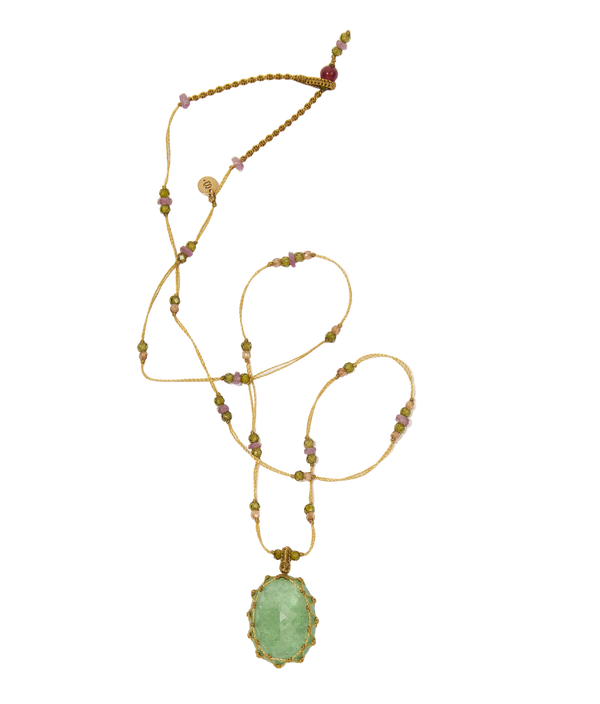 Collier court tibétain - Strawberry Quartz Vert - Mix Tourmaline Rose - Fil Beige