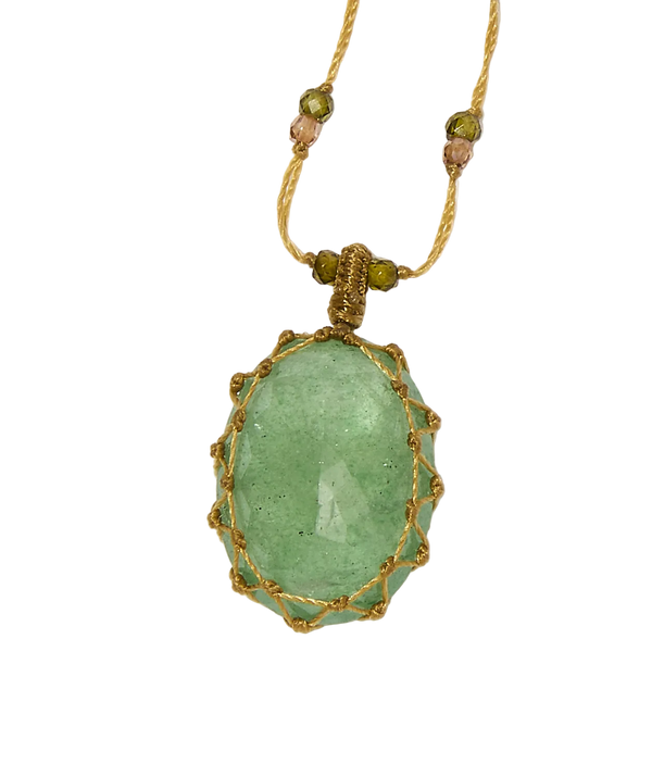 Collier court tibétain - Strawberry Quartz Vert - Mix Tourmaline Rose - Fil Beige