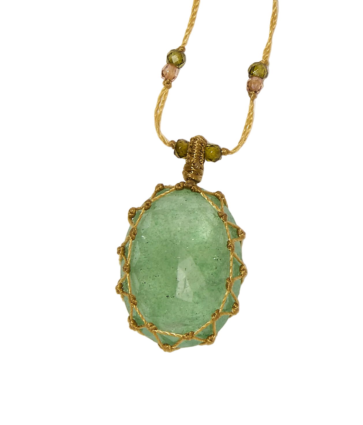 Collier court tibétain - Strawberry Quartz Vert - Mix Tourmaline Rose - Fil Beige