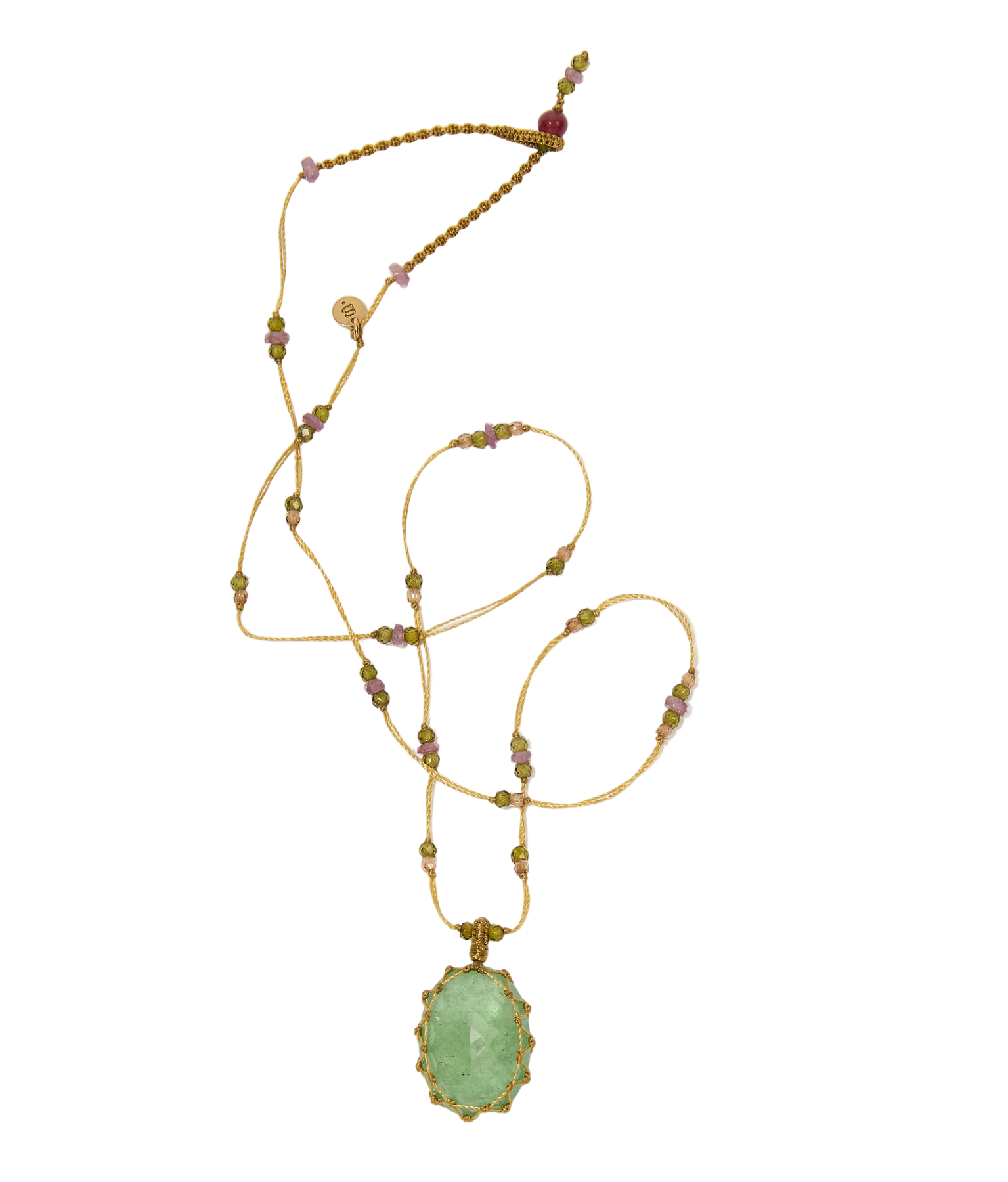 Collier court tibétain - Strawberry Quartz Vert - Mix Tourmaline Rose - Fil Beige