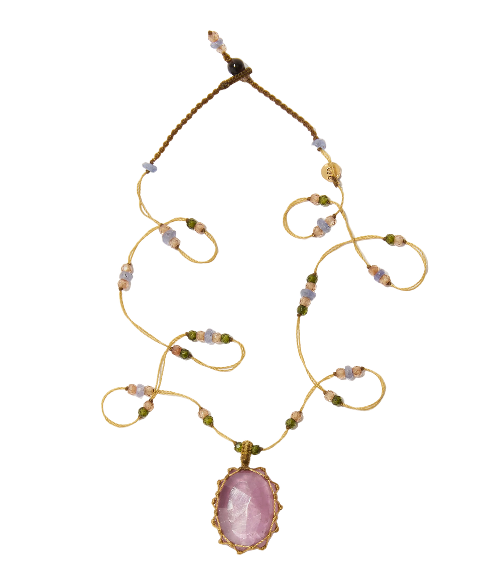 Collier Court Tibétain - Corundum Rose Glassfield - Mix Saphir - Fil Beige