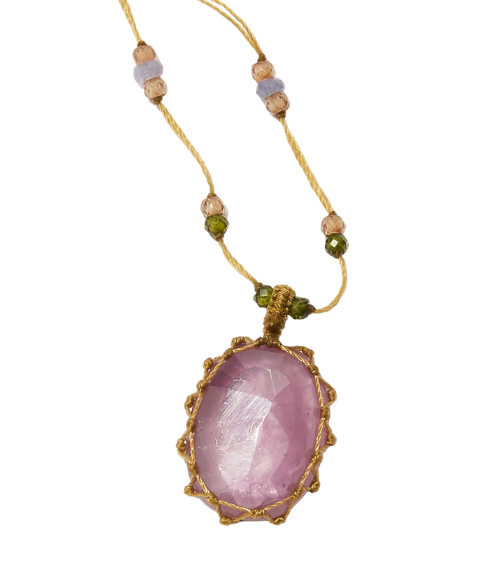 Collier Court Tibétain - Corundum Rose Glassfield - Mix Saphir - Fil Beige