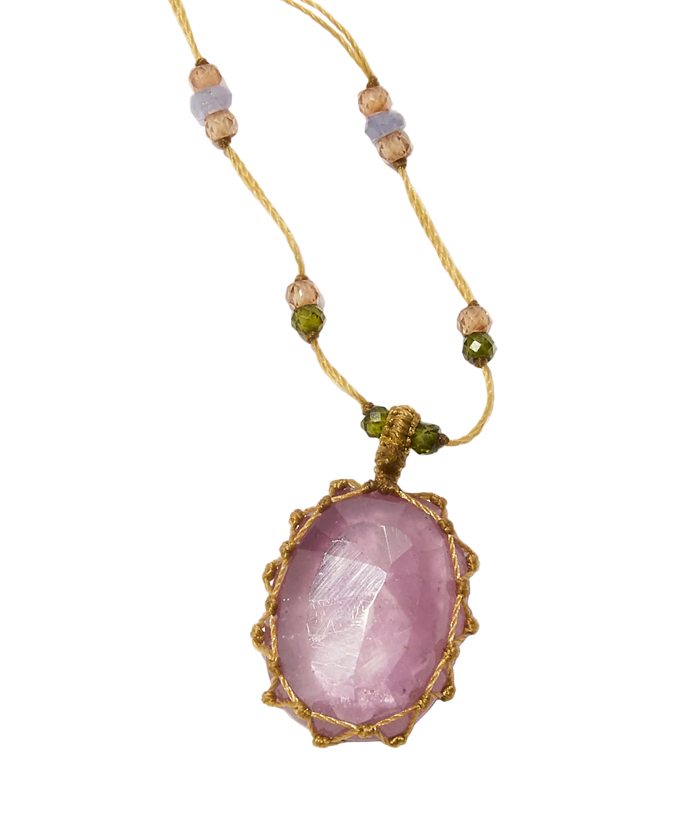 Collier Court Tibétain - Corundum Rose Glassfield - Mix Saphir - Fil Beige