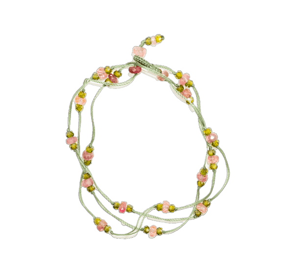 Collier & Bracelet Loopy Duo - Tourmalines Roses & Henne - Fil Vert