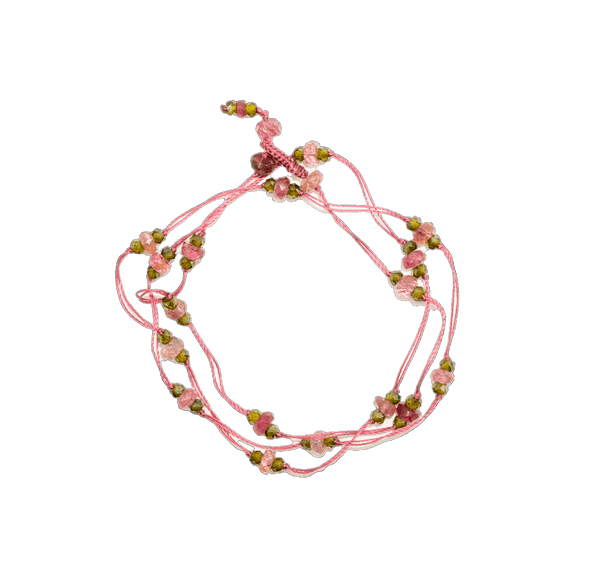 Collier & Bracelet Loopy Duo - Tourmalines Roses & Henne - Fil Rose Indien