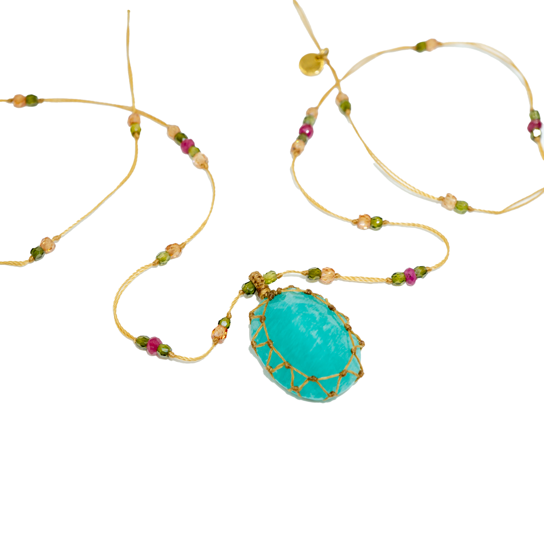Tibetan Short Necklace - Blue Amazonite - Mix Pink Tourmaline - Beige Thread