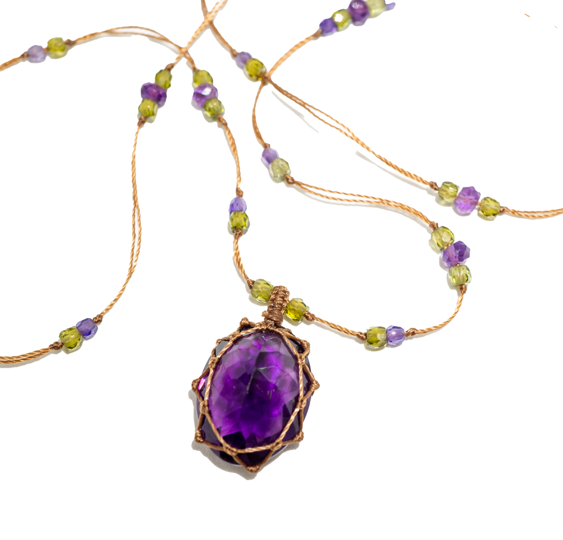 Tibetan Short Necklace - Dark Violet Amethyst - Amethyst Mix - Tobacco Thread
