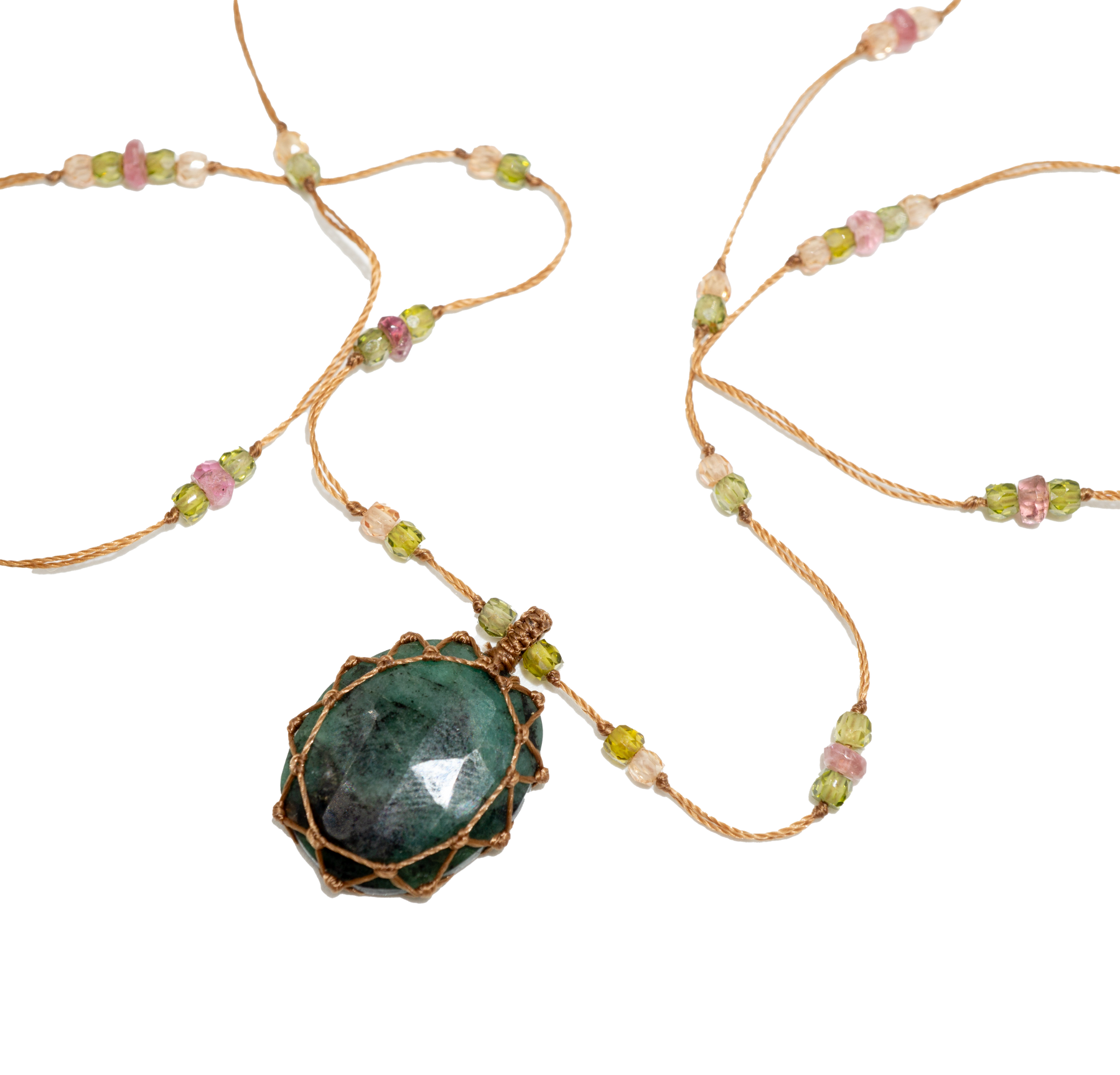 Short Tibetan Necklace - Emerald - Mix Pink Tourmaline - Tobacco Thread