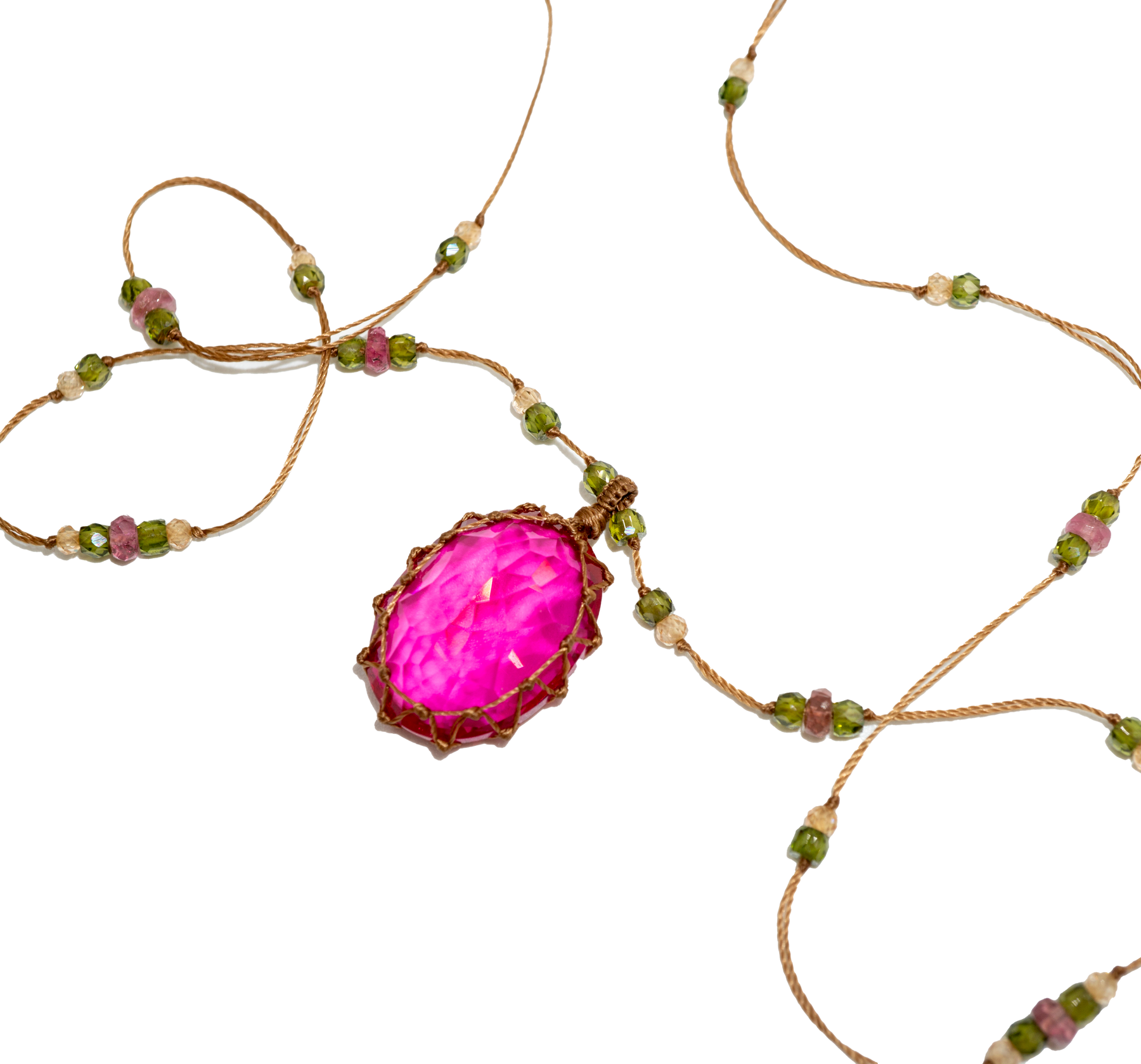 Short Tibetan Necklace - Indian Glass Rose - Mix Pink Tourmaline - Tobacco Thread