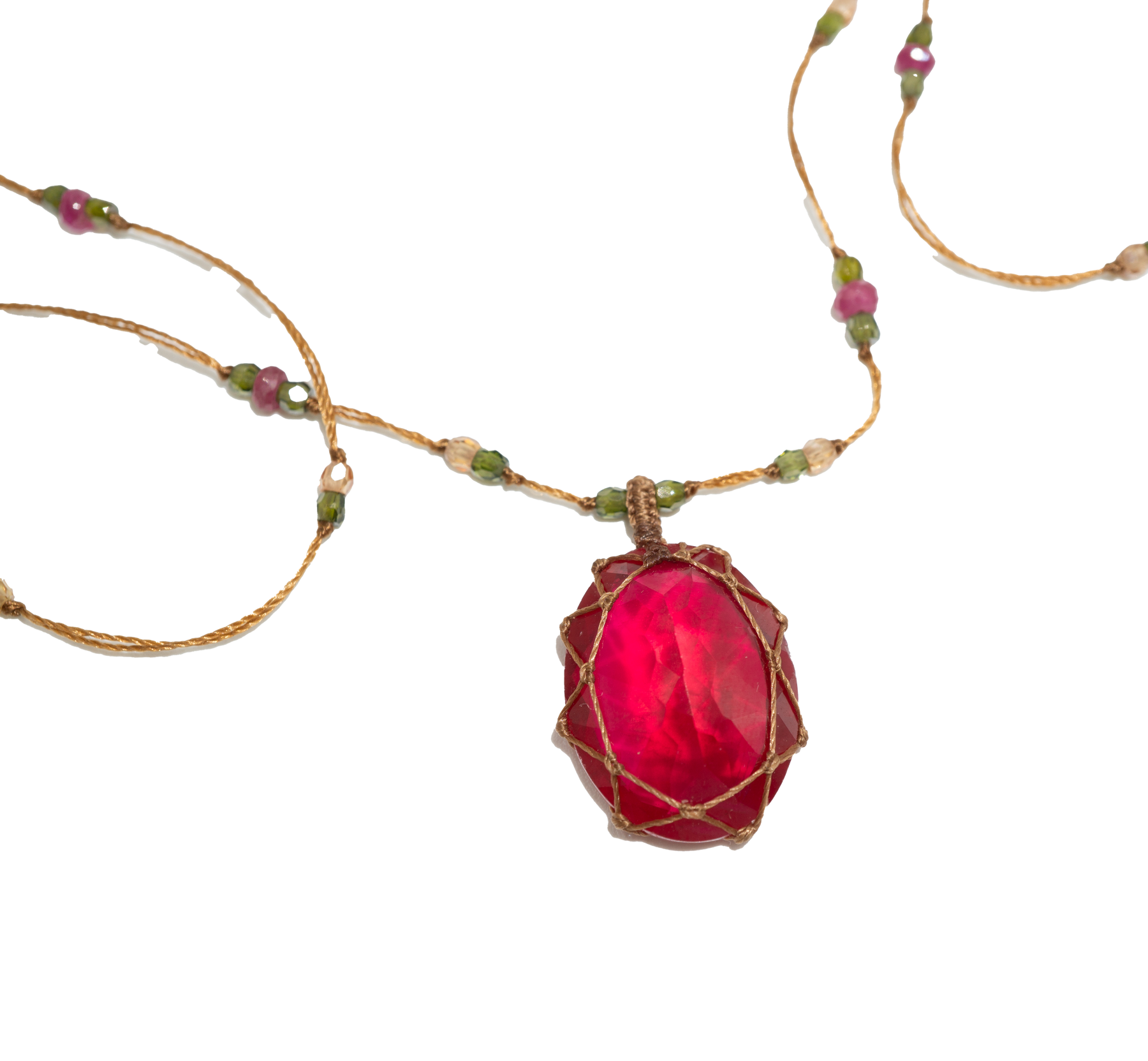 Short Tibetan Necklace - Red Indian Glass - Mix Pink Tourmaline - Tobacco Thread