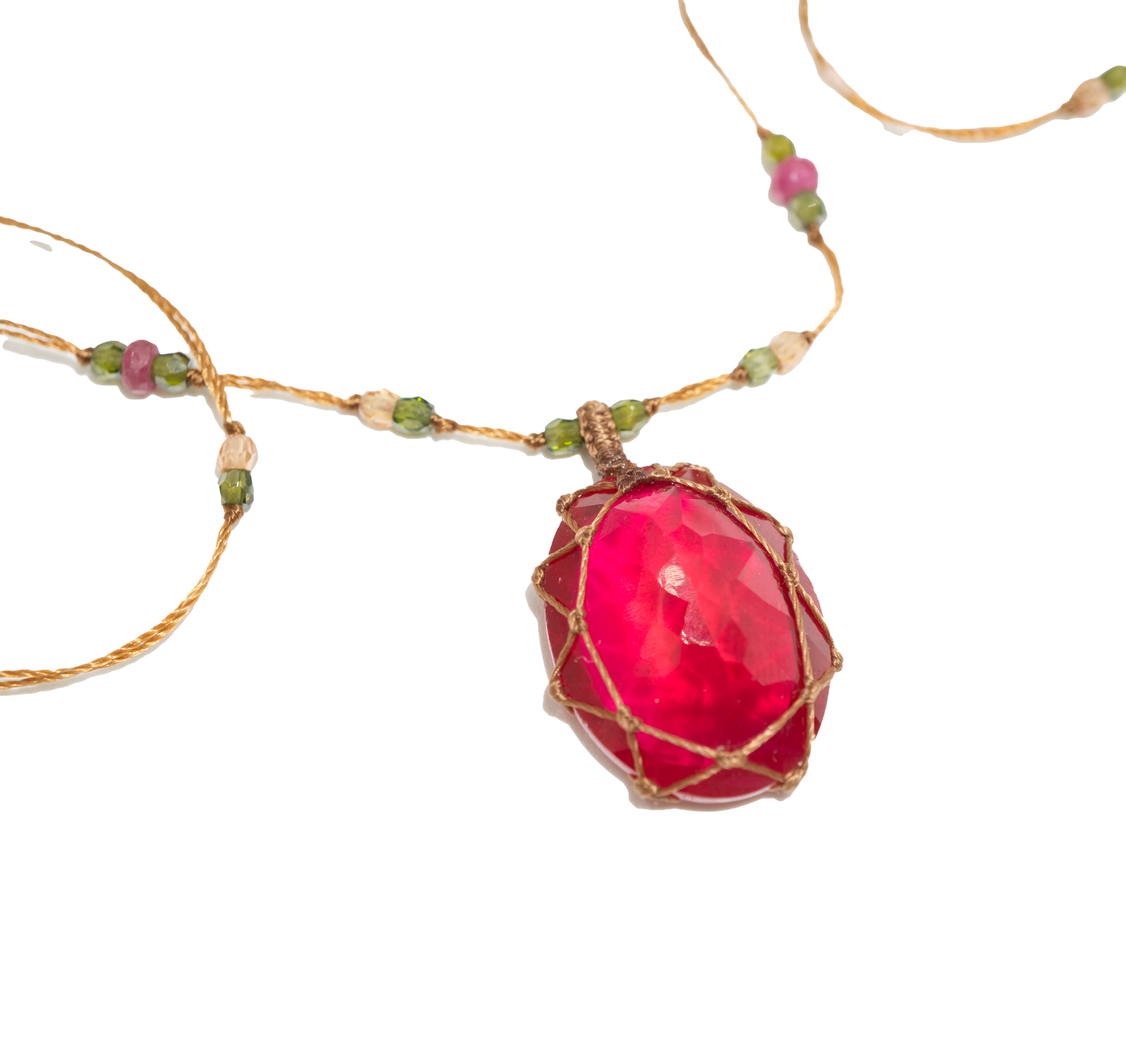Short Tibetan Necklace - Red Indian Glass - Mix Pink Tourmaline - Tobacco Thread