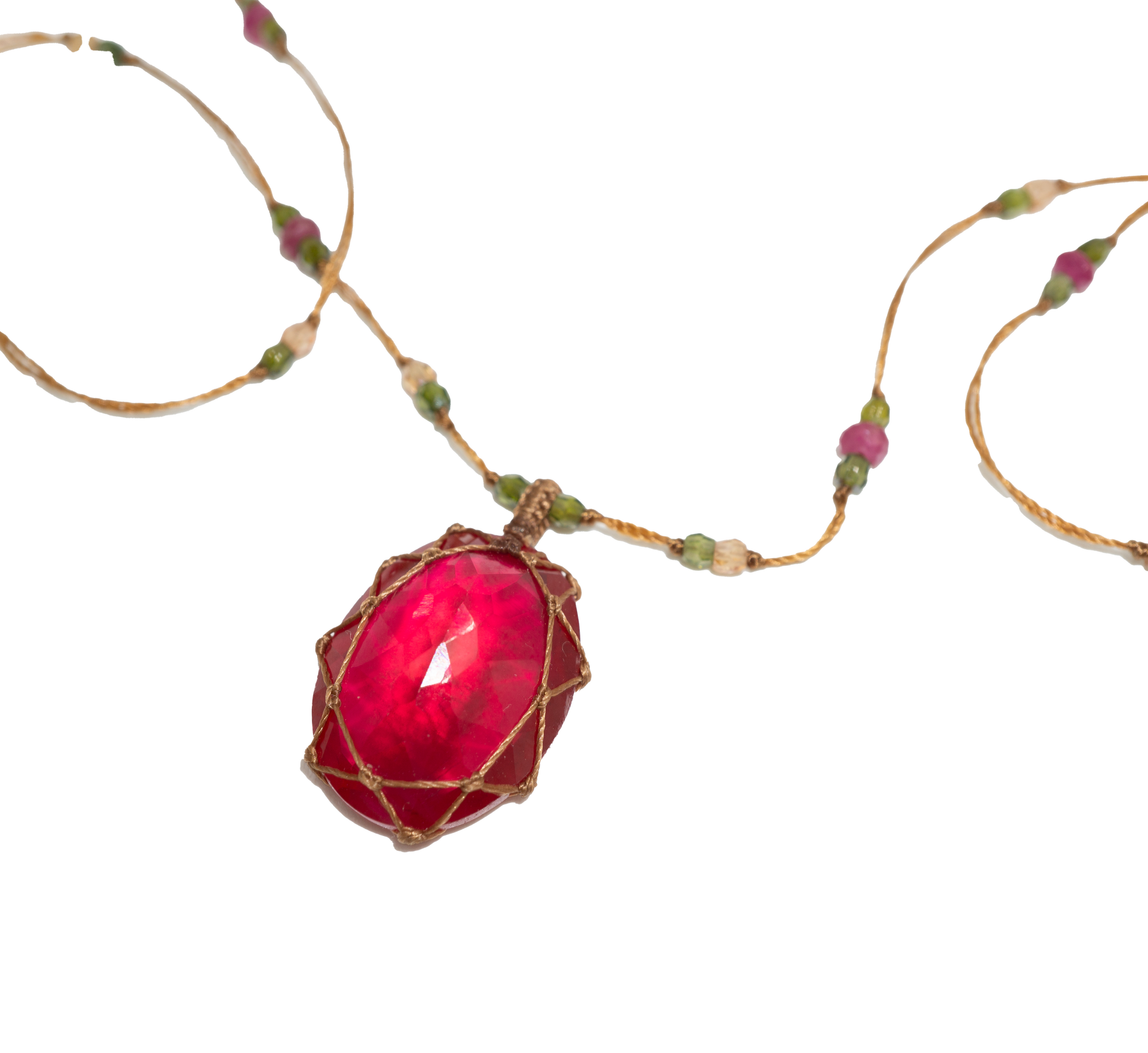 Collier Court Tibétain - Indian Glass Rouge - Mix Tourmaline Rose - Fil Tabac