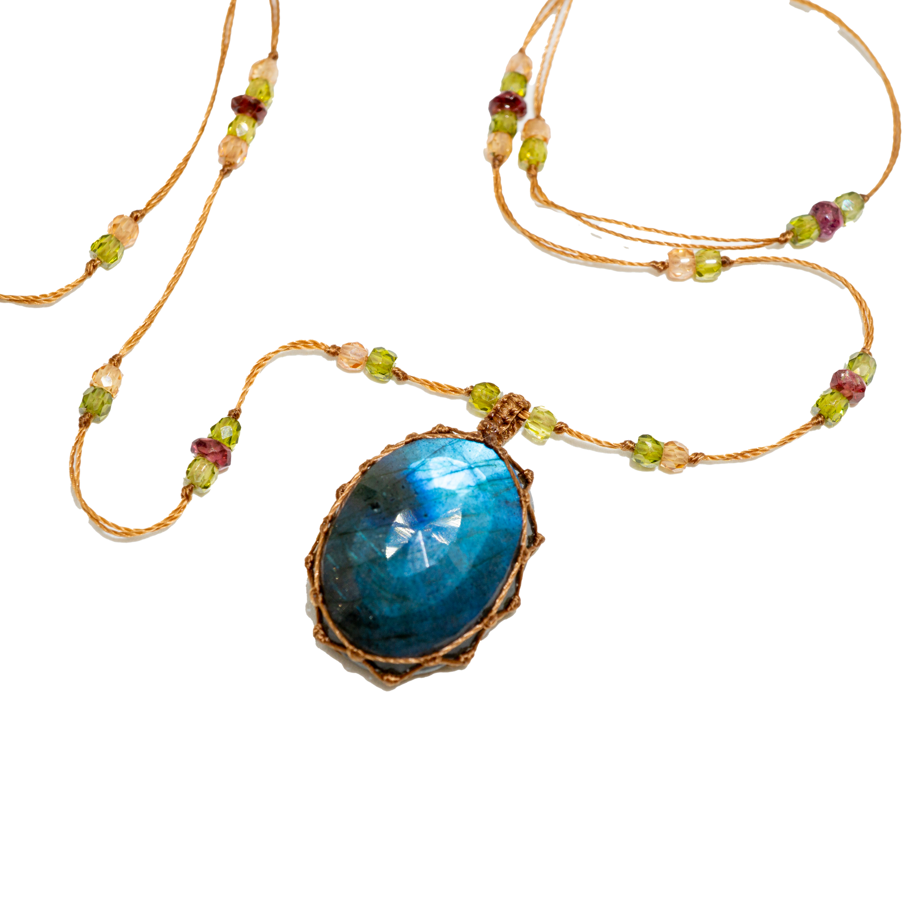 Tibetan Short Necklace - Blue Fire Labradorite - Mix Pink Tourmaline - Beige Thread