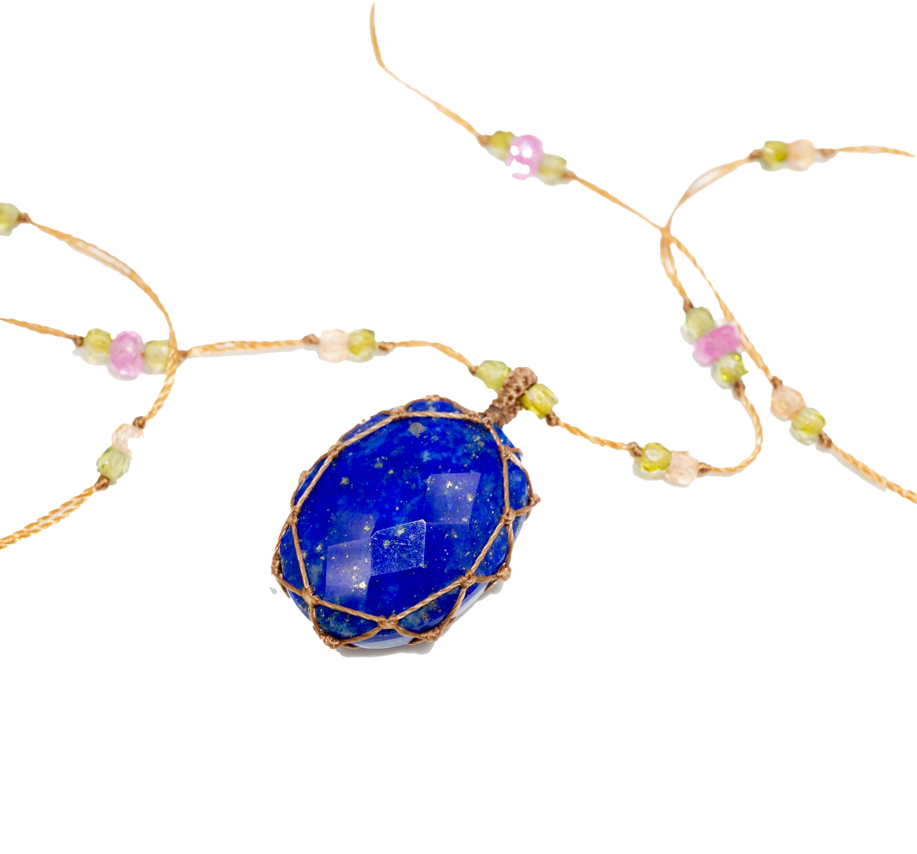 Short Tibetan Necklace - Lapis Lazuli - Mix Pink Tourmaline - Tobacco Thread