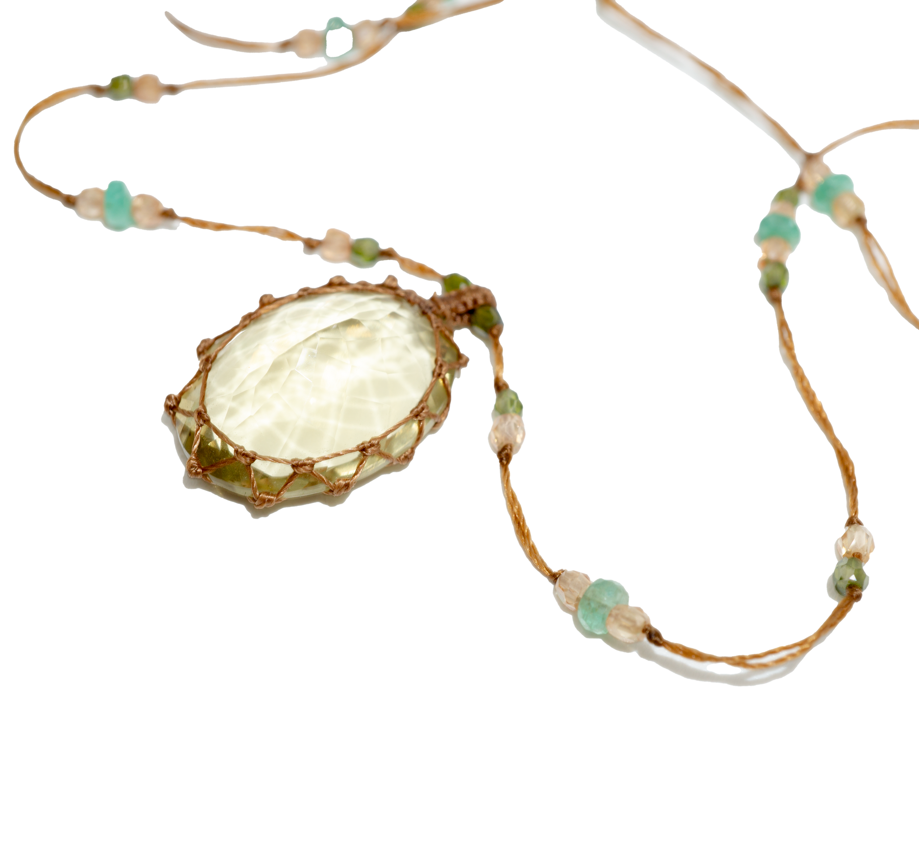 Tibetan Short Necklace - Lemon Topaz - Emerald Mix - Tobacco Thread