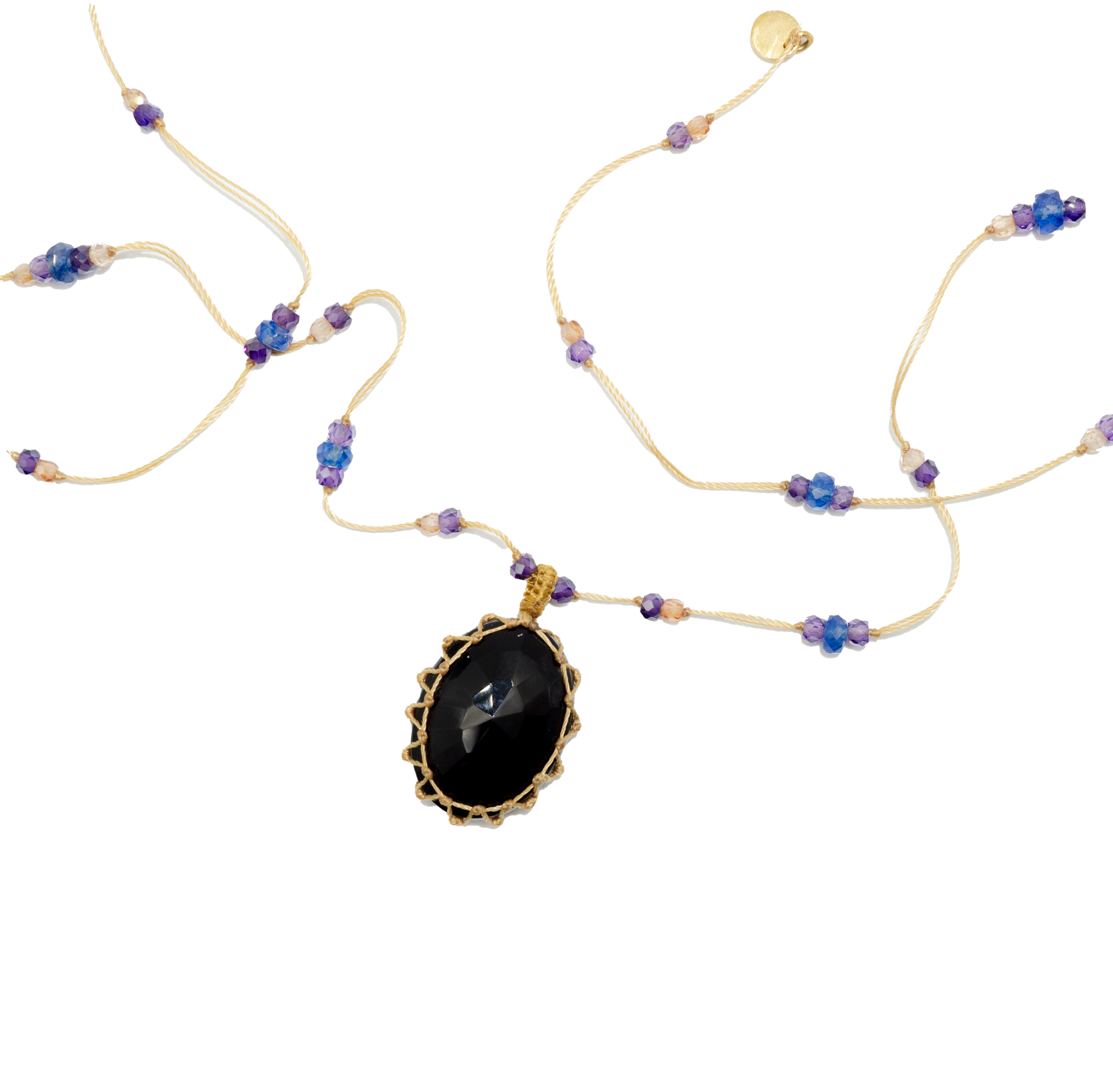 Short Tibetan Necklace - Black Onyx - Mix Sapphire - Beige Thread