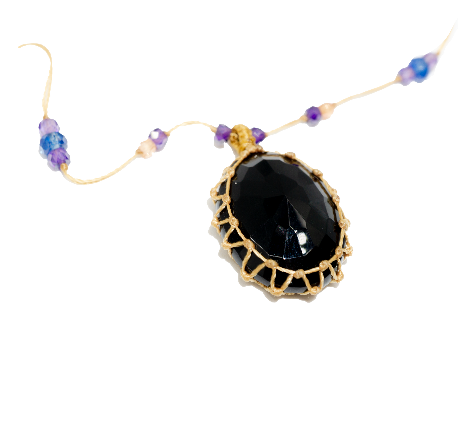 Short Tibetan Necklace - Black Onyx - Mix Sapphire - Beige Thread