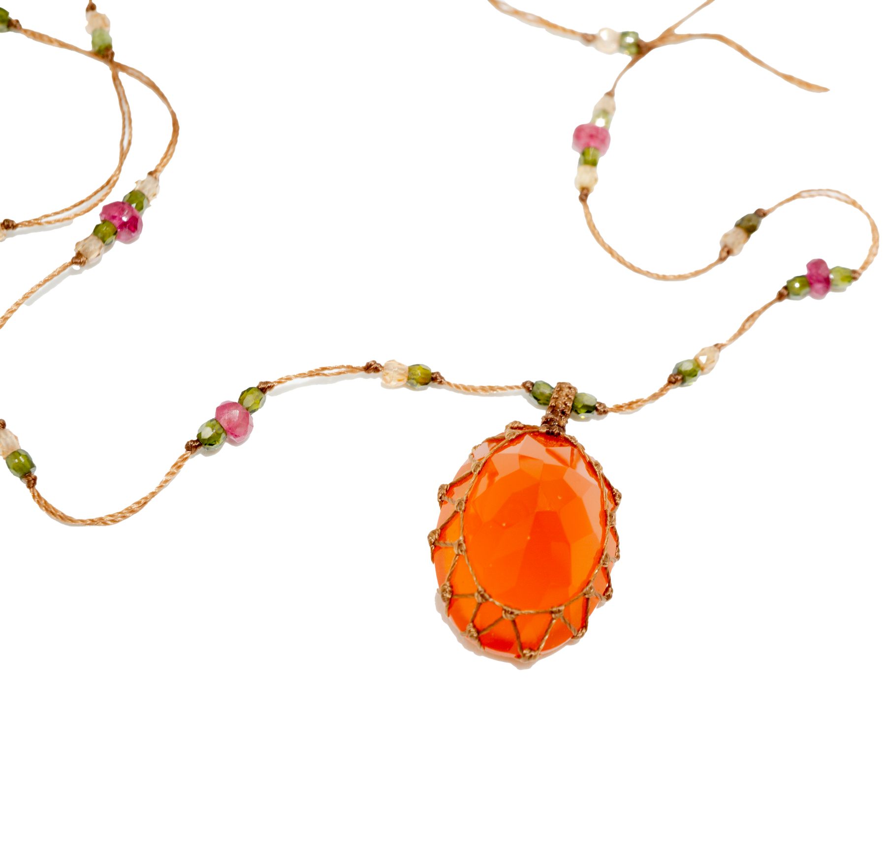 Short Tibetan Necklace - Orange Onyx - Mix Pink Tourmaline - Tobacco Thread