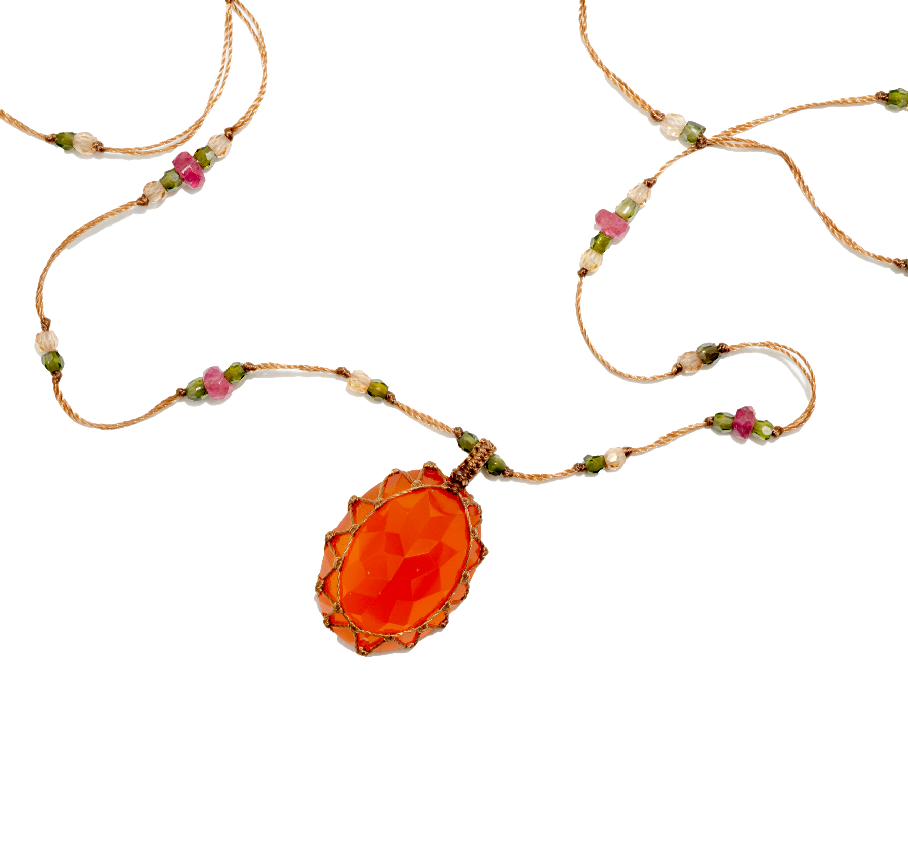 Short Tibetan Necklace - Orange Onyx - Mix Pink Tourmaline - Tobacco Thread