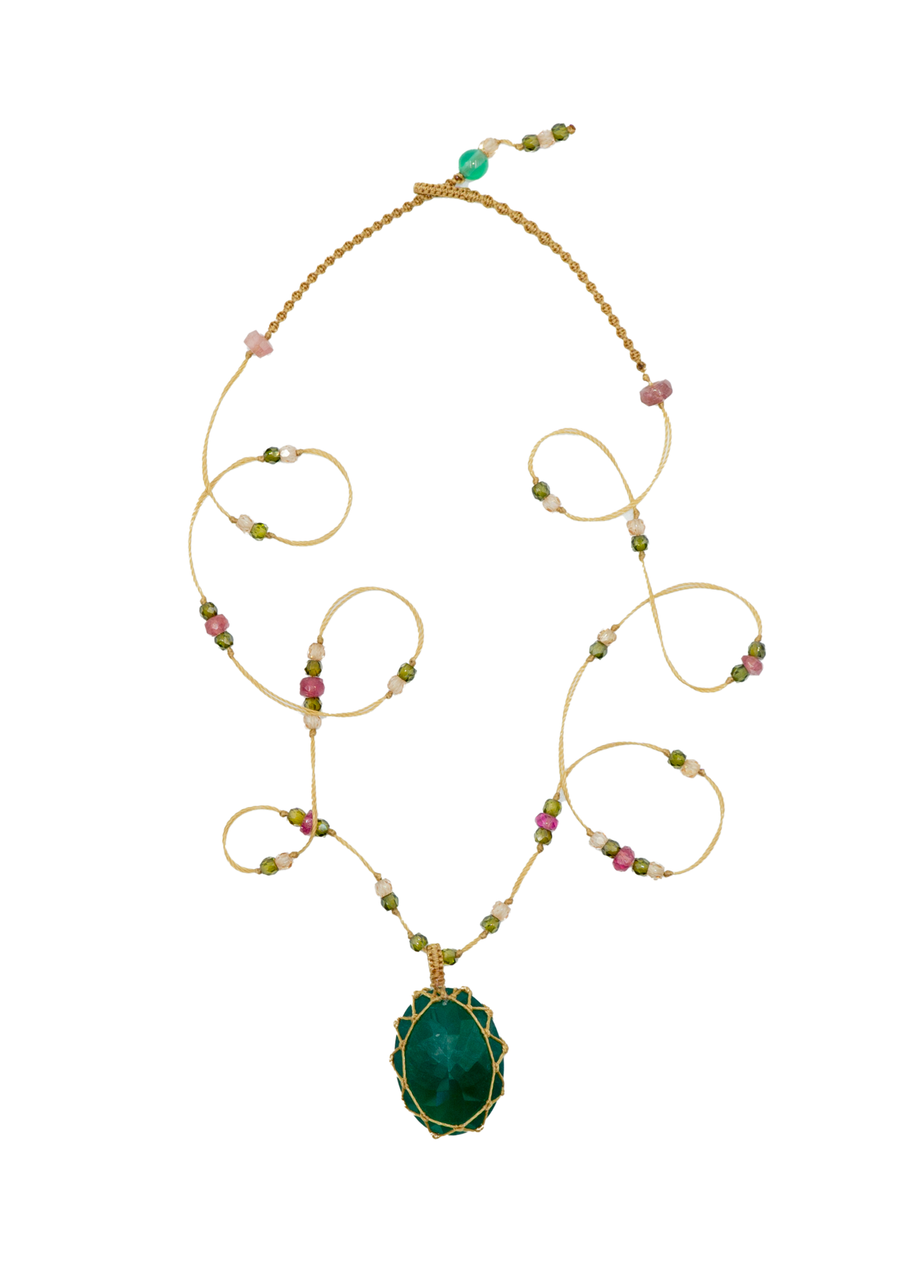 Tibetan Short Necklace - Green Onyx - Mix Pink Tourmaline - Beige Thread