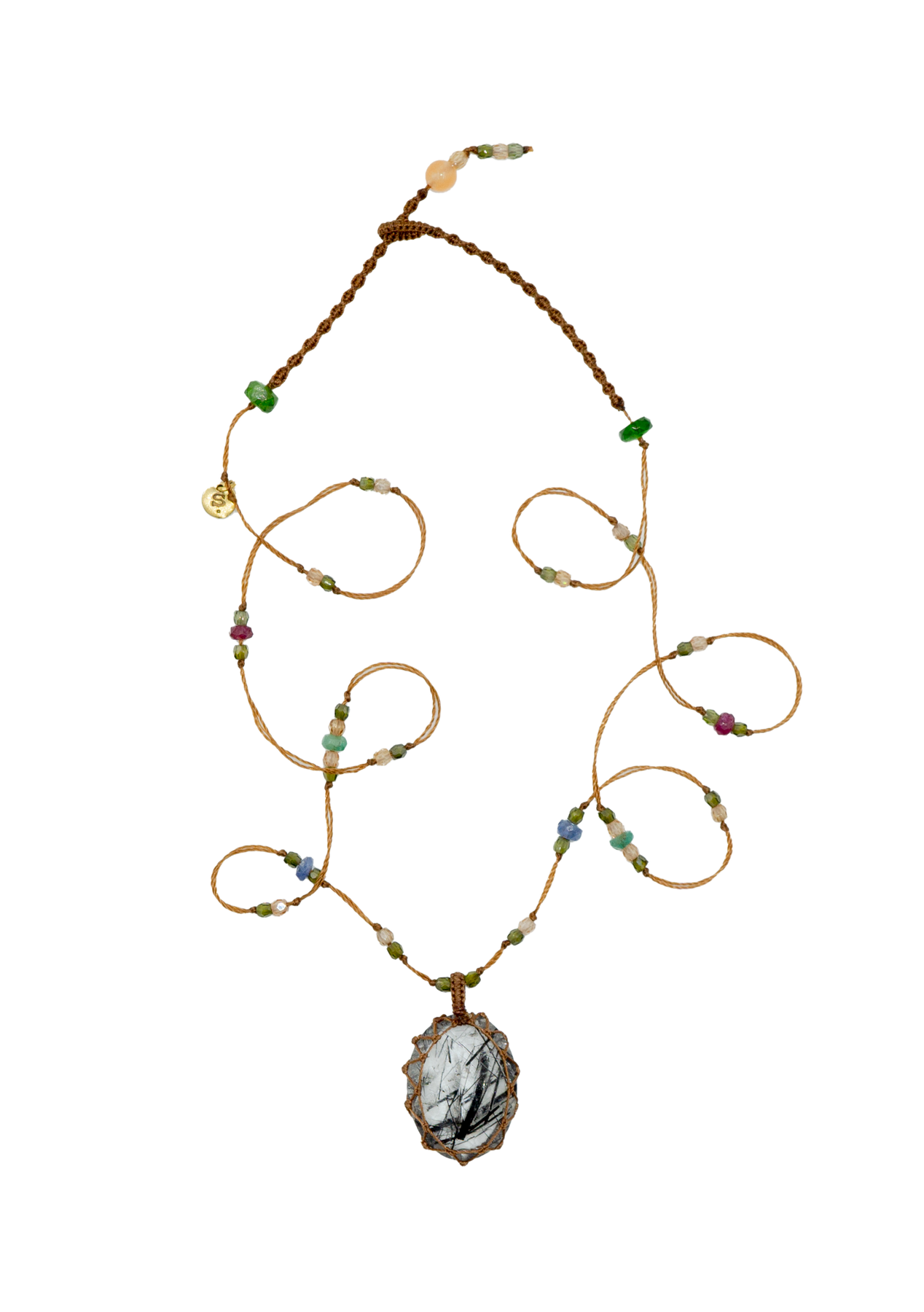 Tibetan Short Necklace - Black Rutile Quartz - Mix Ruby Emerald Sapphire - Tobacco Thread