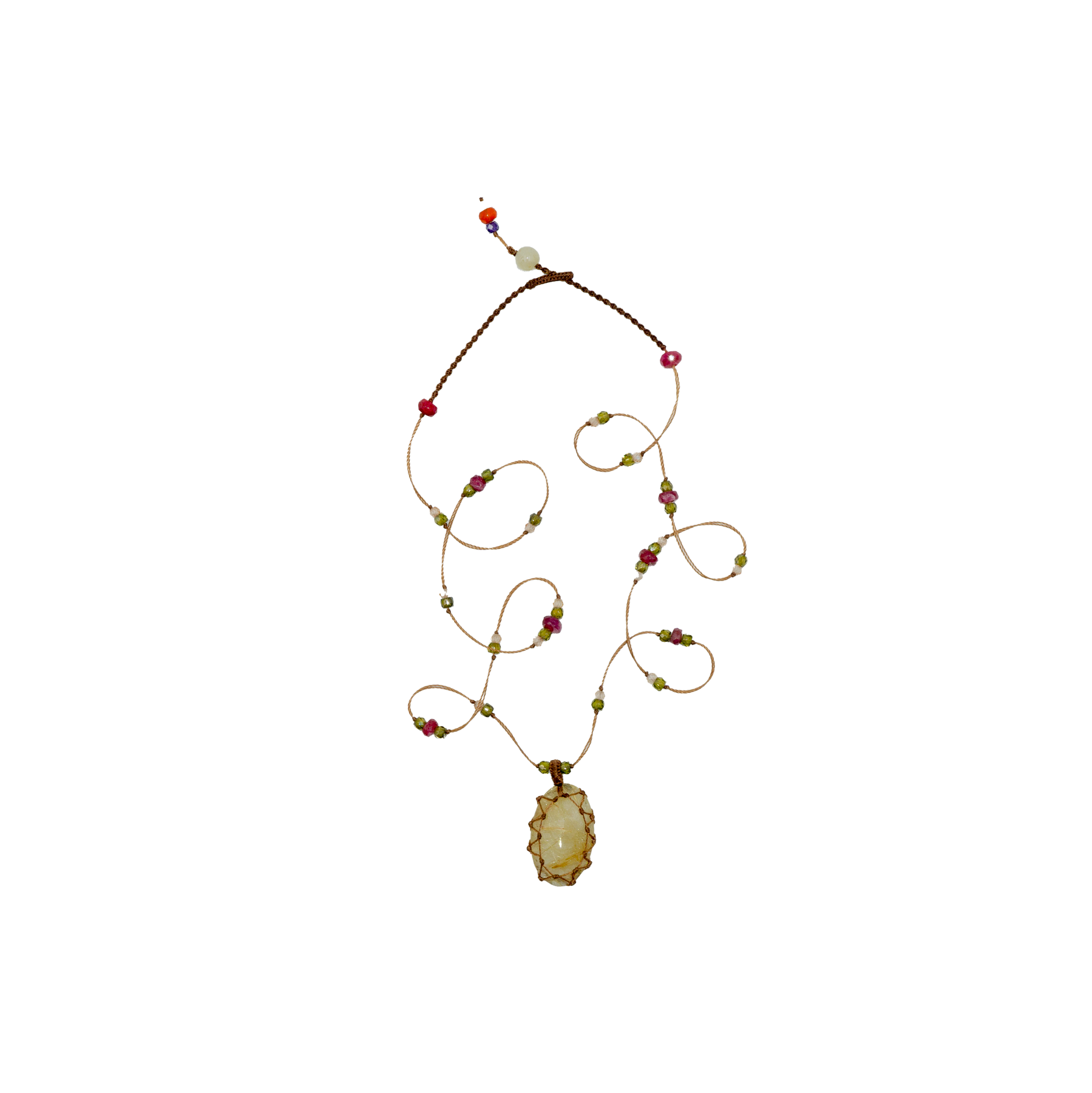 Tibetan Short Necklace - Gold Rutile Quartz - Mix Pink Tourmaline - Tobacco Thread