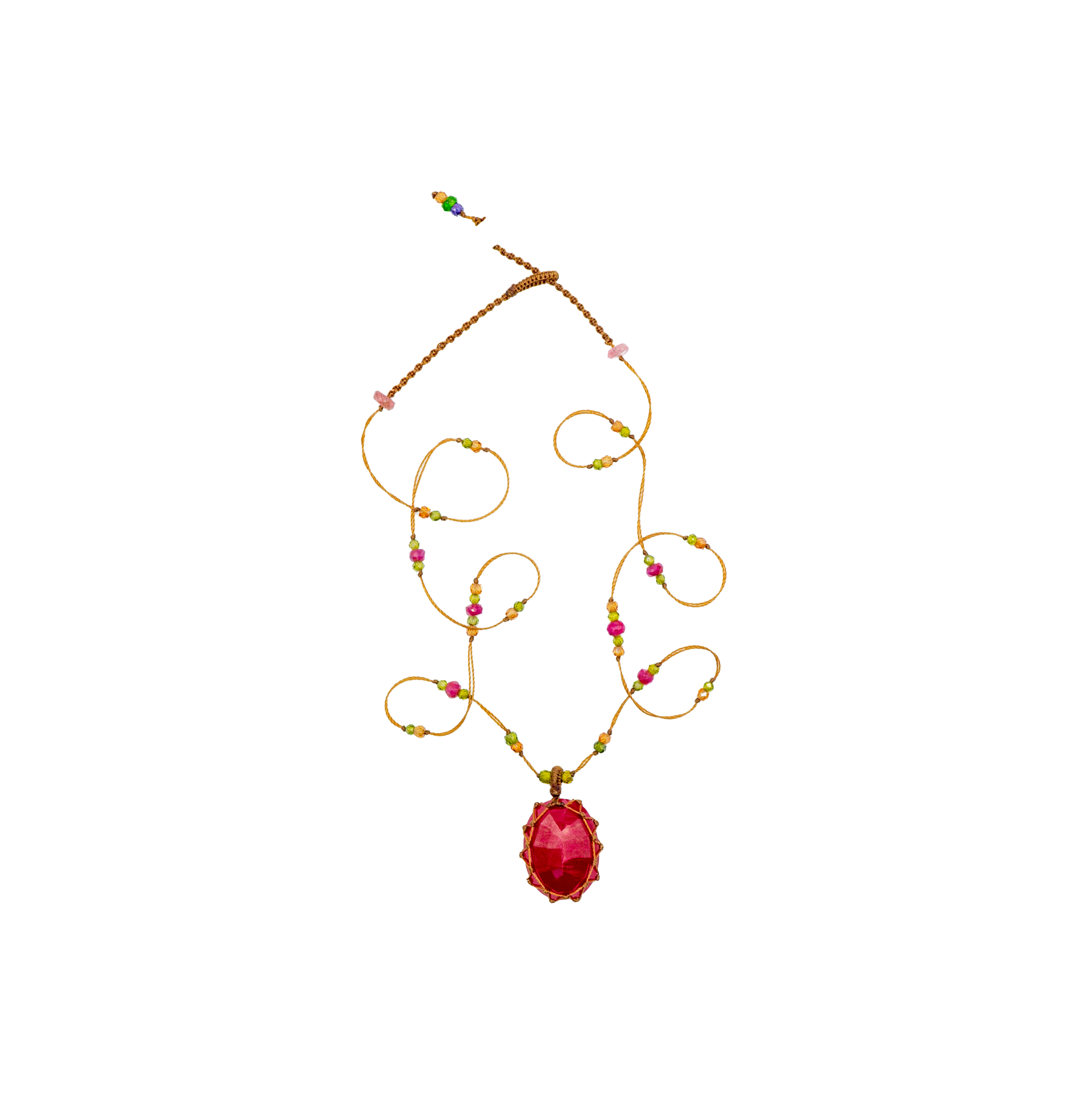 Short Tibetan Necklace - Rubellite - Mix Pink Tourmaline - Tobacco Thread