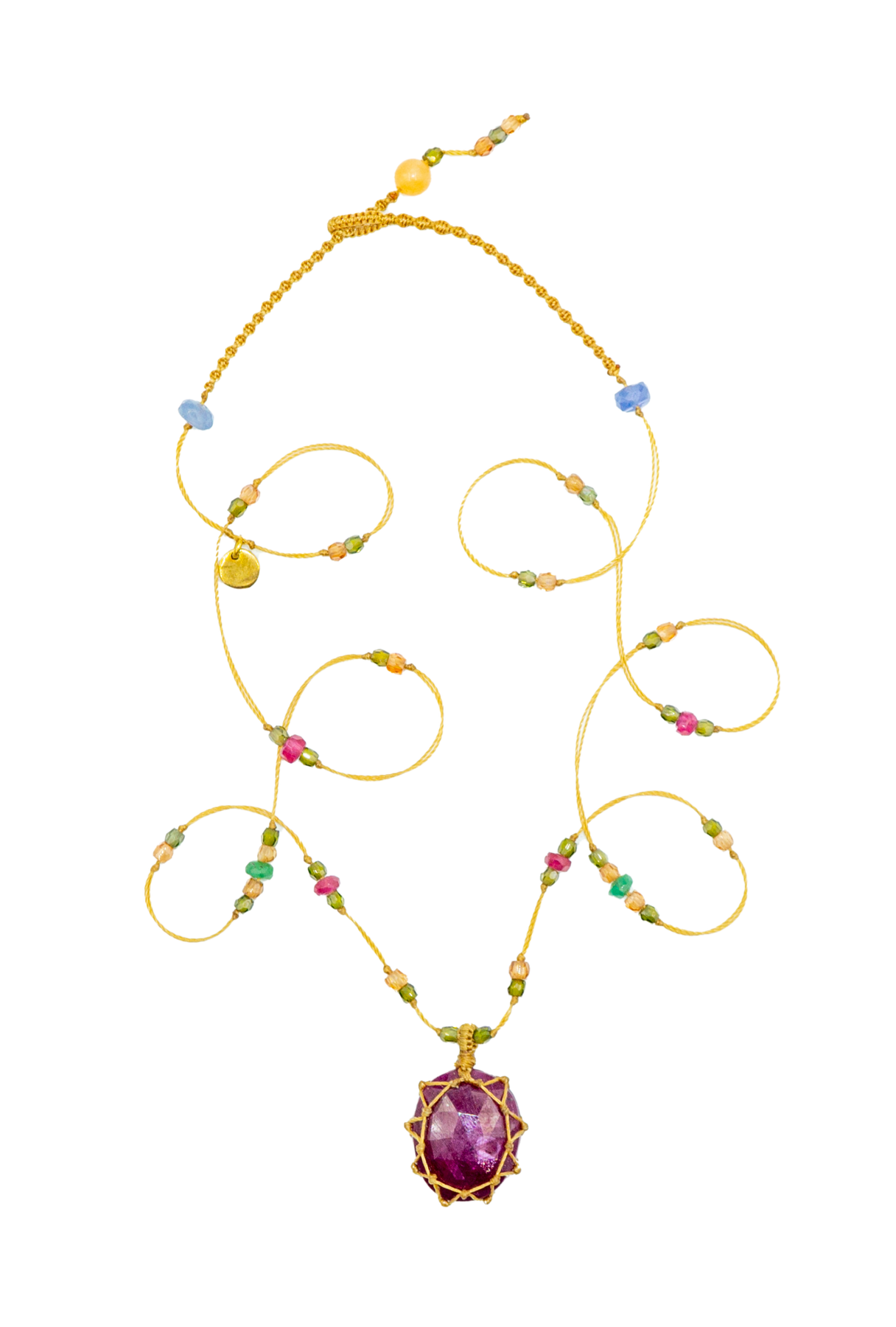 Tibetan Short Necklace - Ruby - Mix Tourmaline Ruby Emerald - Beige Wire