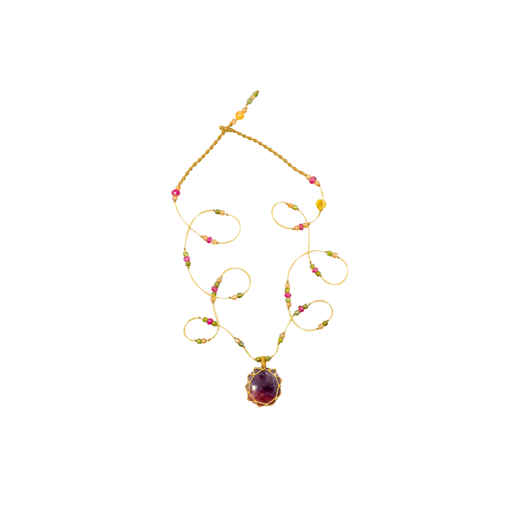 Tibetan Short Necklace - Ruby - Mix Ruby - Beige Thread