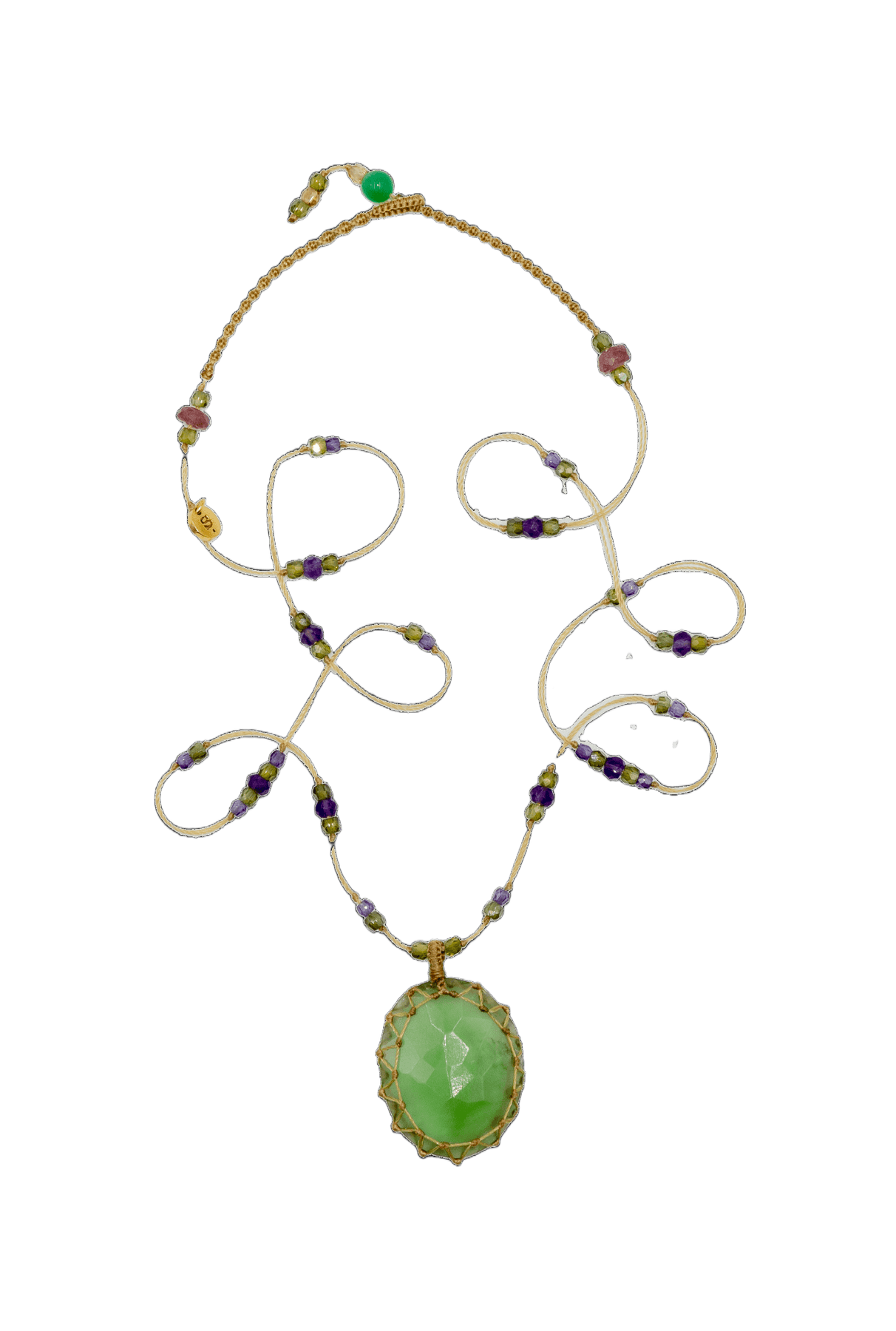 Short Tibetan Necklace - Serpentine - Amethyst Mix - Beige Thread