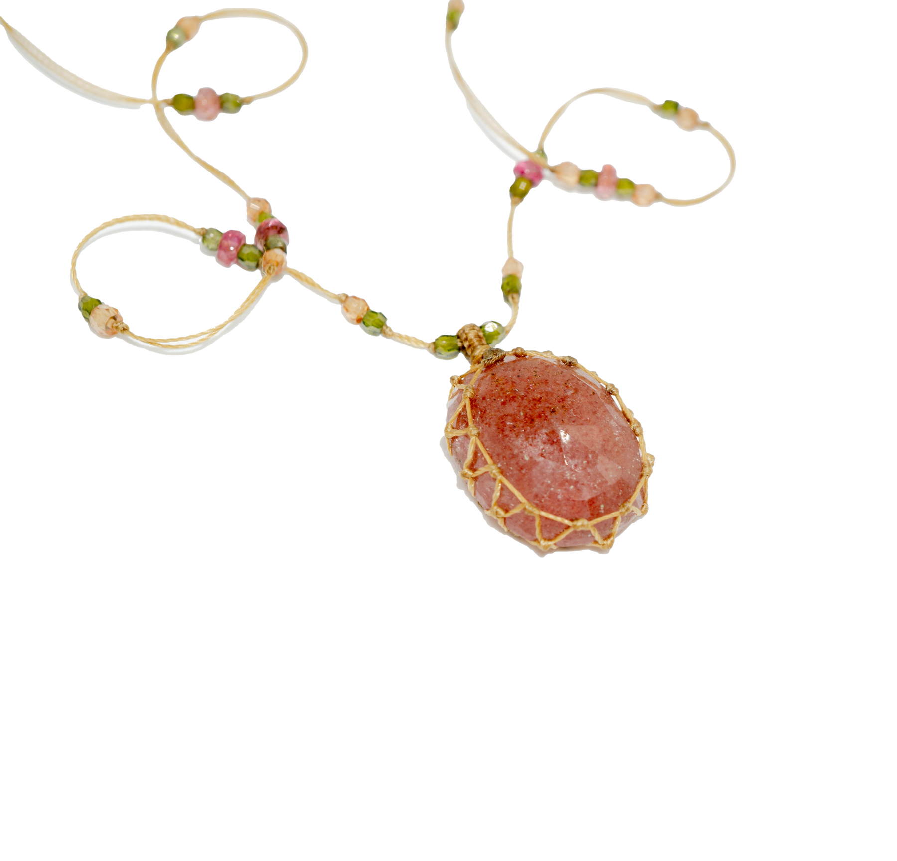 Tibetan Short Necklace - Strawberry Rose Quartz - Mix Pink Tourmaline - Beige Thread
