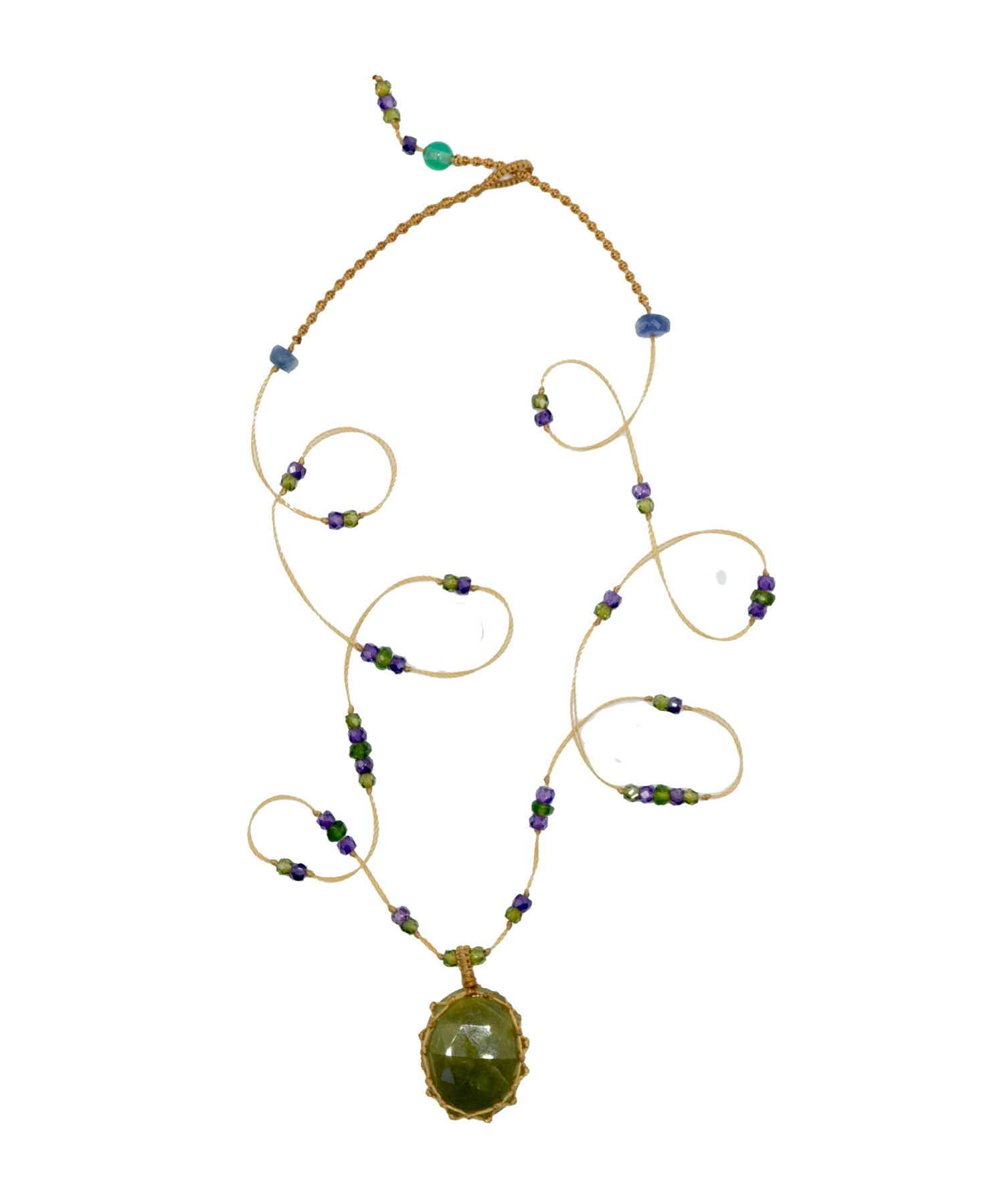 Short Tibetan Necklace - Green Corundum - Mix Tsavorite - Beige Thread