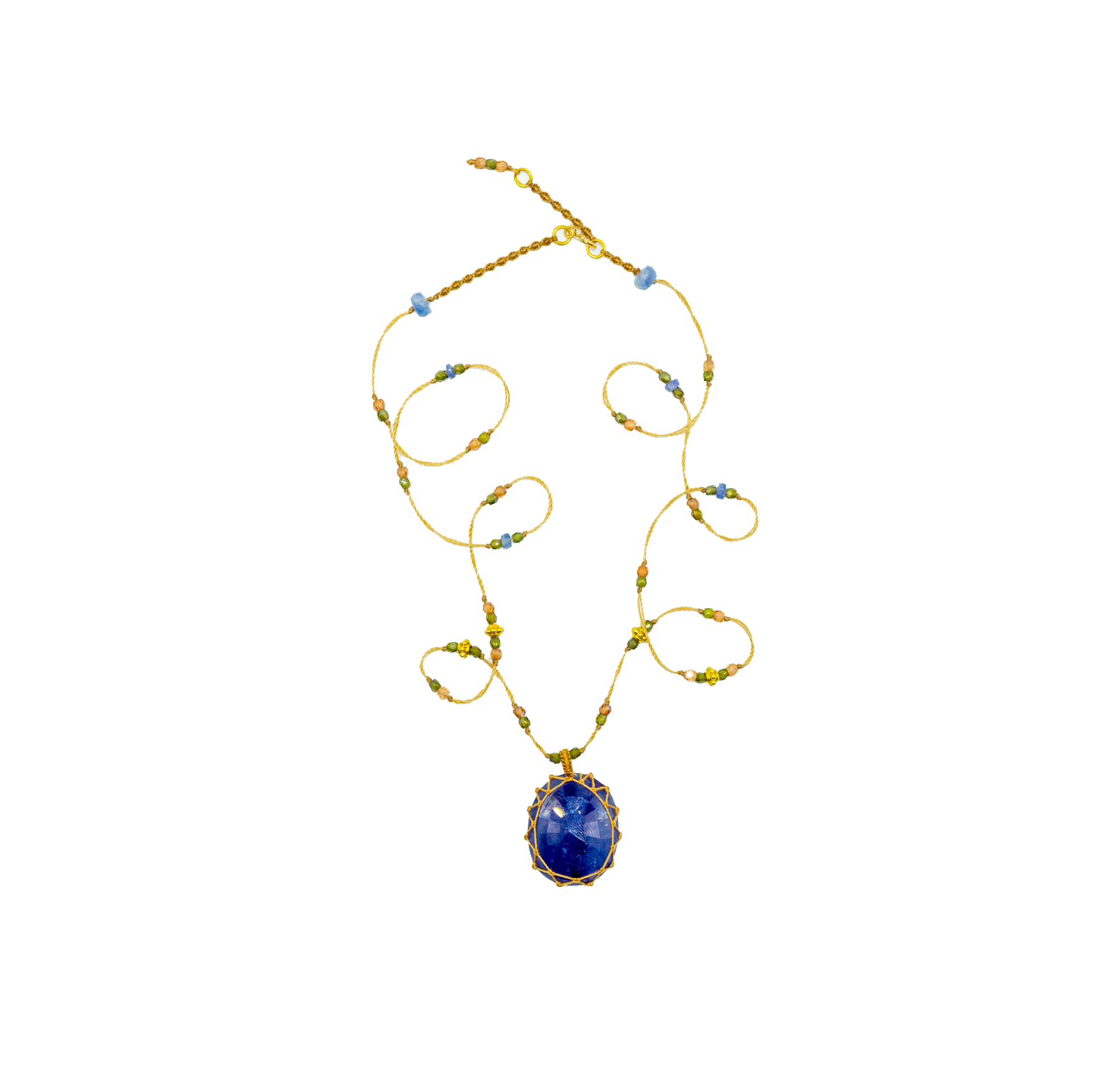 So Precious Tibetan Short Necklace - Blue Glassfilled - Mix Sapphire - Beige Thread
