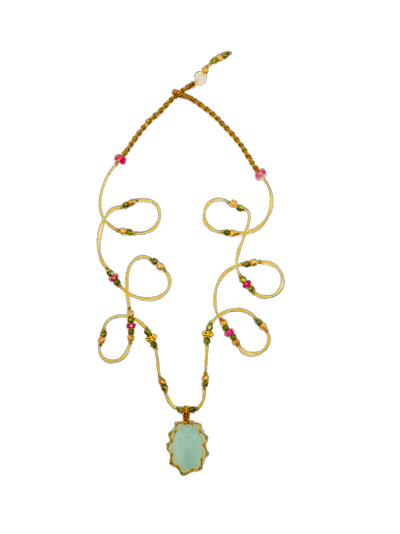 So Precious Necklace Short Tibetan - Aquamarine - Mix Pink Tourmaline - Beige Thread