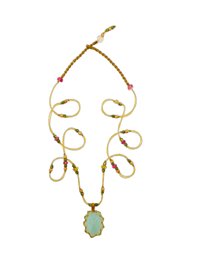 So Precious Necklace Short Tibetan - Aquamarine - Mix Pink Tourmaline - Beige Thread