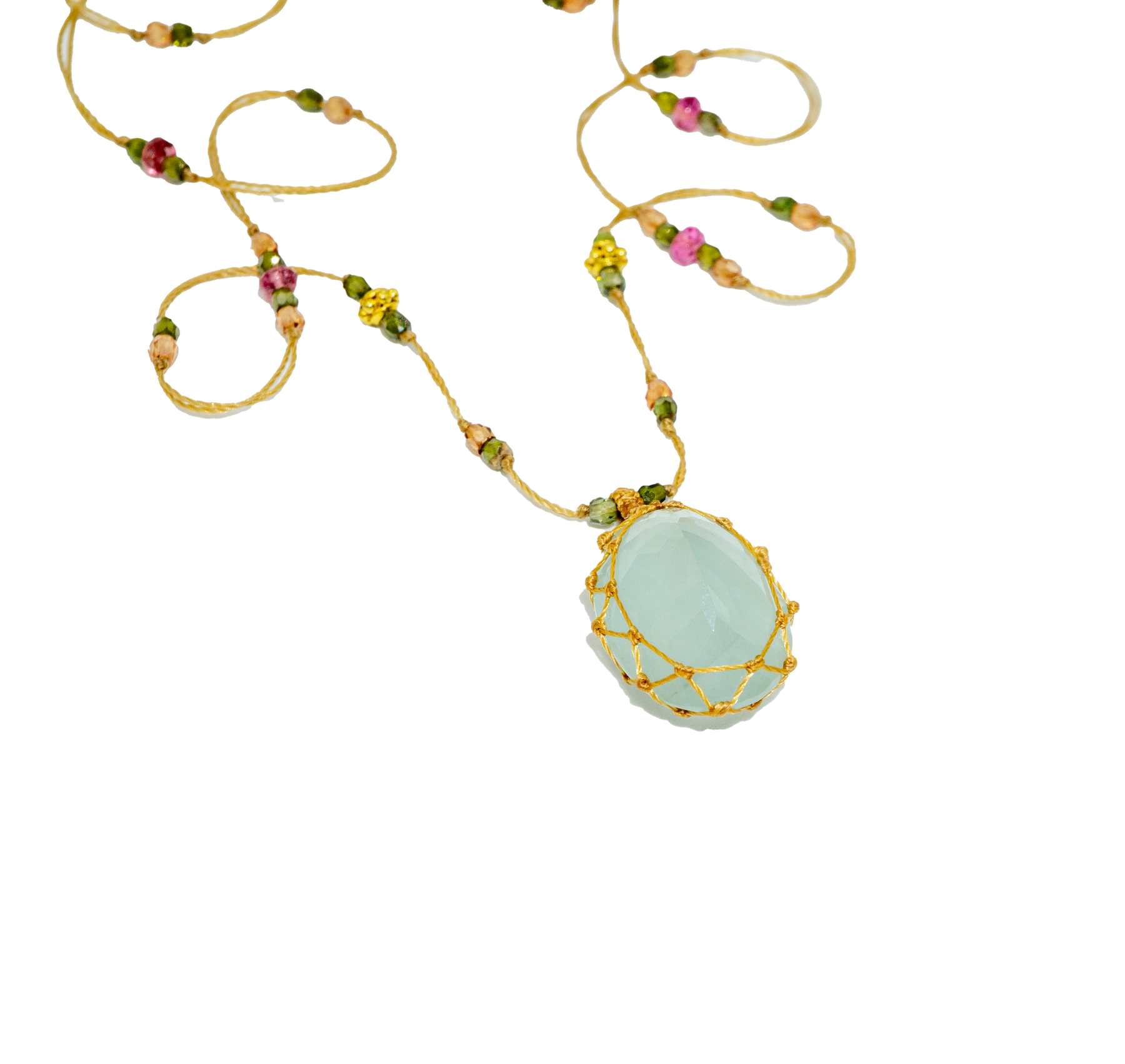 So Precious Tibetan Short Necklace - Aquamarine - Mix Pink Tourmaline - Beige Thread
