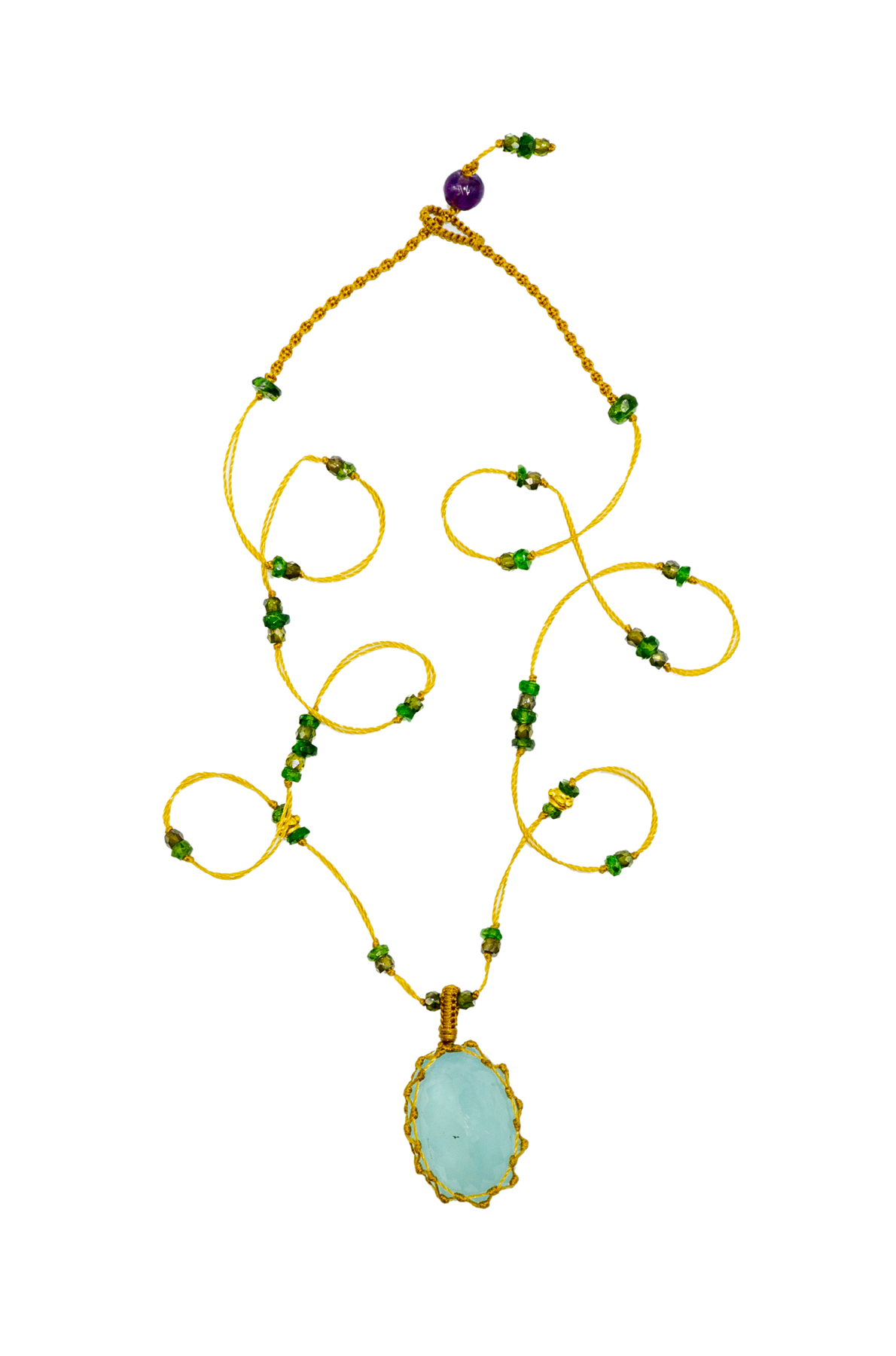 So Precious Short Tibetan Necklace - Aquamarine - Mix Tsavorite - Beige Thread